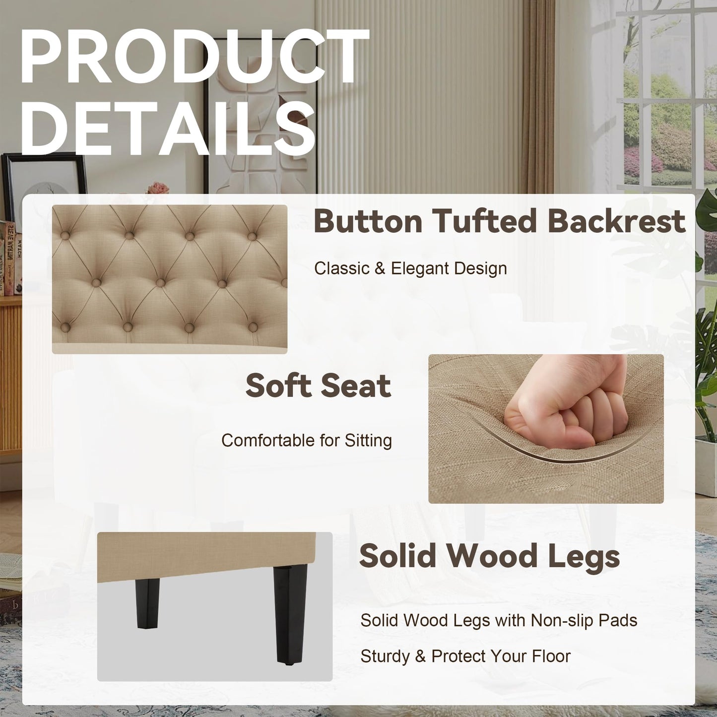 Yongqiang Settee Bench with Back for Dining Room Living Room Entryway Modern Upholstered Banquette Button Tufted Loveseat Sofa Mini Couch with Wood Legs Khaki