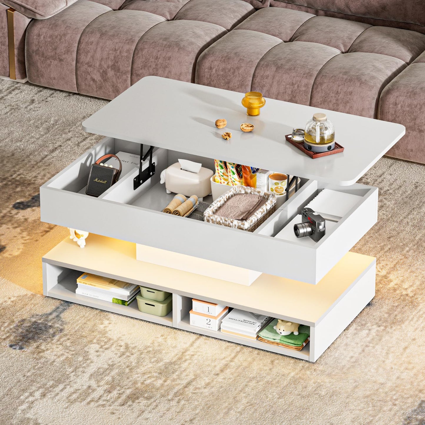 Etemnozon Lift Top LED Coffee Tables for Living Room,47.2" Living Room Table 2-Tier High Glossy Coffee Table with Open Storage,Rectangular Wooden Tea Tables for Reception Room,White