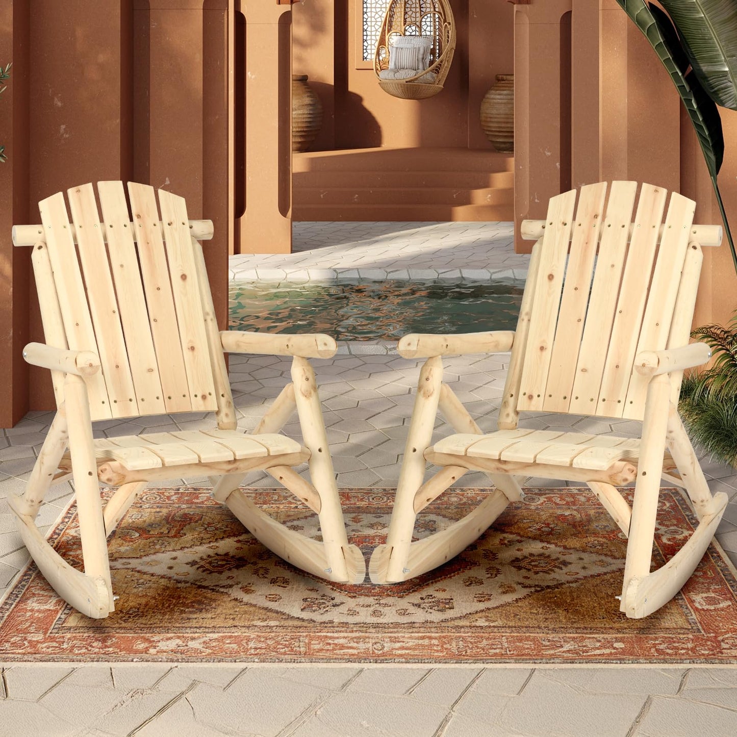 HOMEDIARY Wooden Adirondack Rocking Chair, Patio Log Rocker Outdoor Lounge Chair with Slatted Wooden Design, High Fanned Back & Classic Rustic Style for Garden Patio Backyard Porch (Set of 2, Natural)