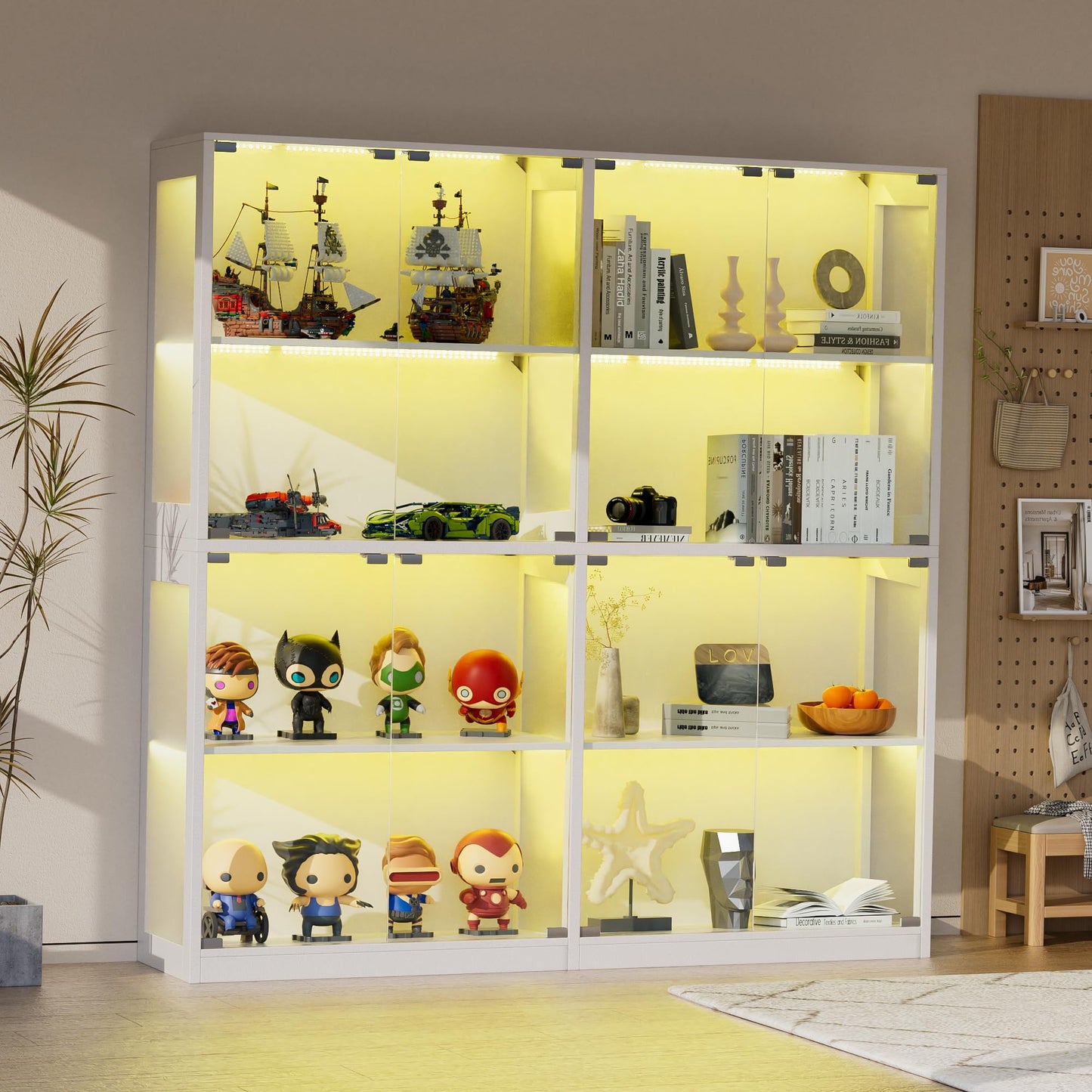 Grepatio Glass Display Cabinet, 4-Tier Display Cases for Collectibles, Curio Cabinet with 12 Color Lights, Display Shelf Bookcase Kids Toy Cabinets for Collectible, Living Room, Playroom (White)