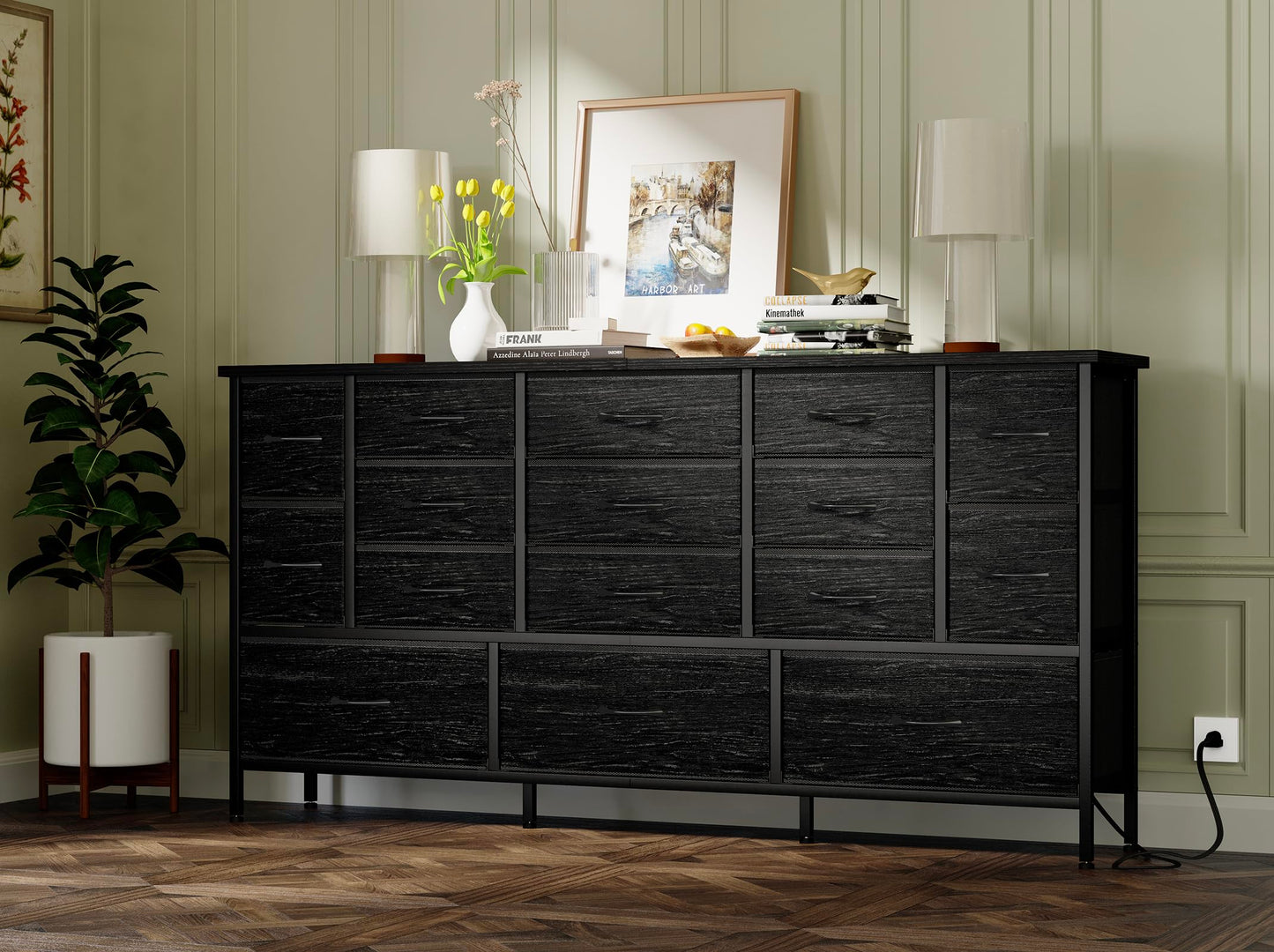 Fixwal 63.3 Inch TV Stand for 65 55 Inch TV Long Black Dresser for Bedroom, 16 Drawer Dresser with Power Outlets, Fabric Chest of Drawers for Bedroom, Entryway, Black