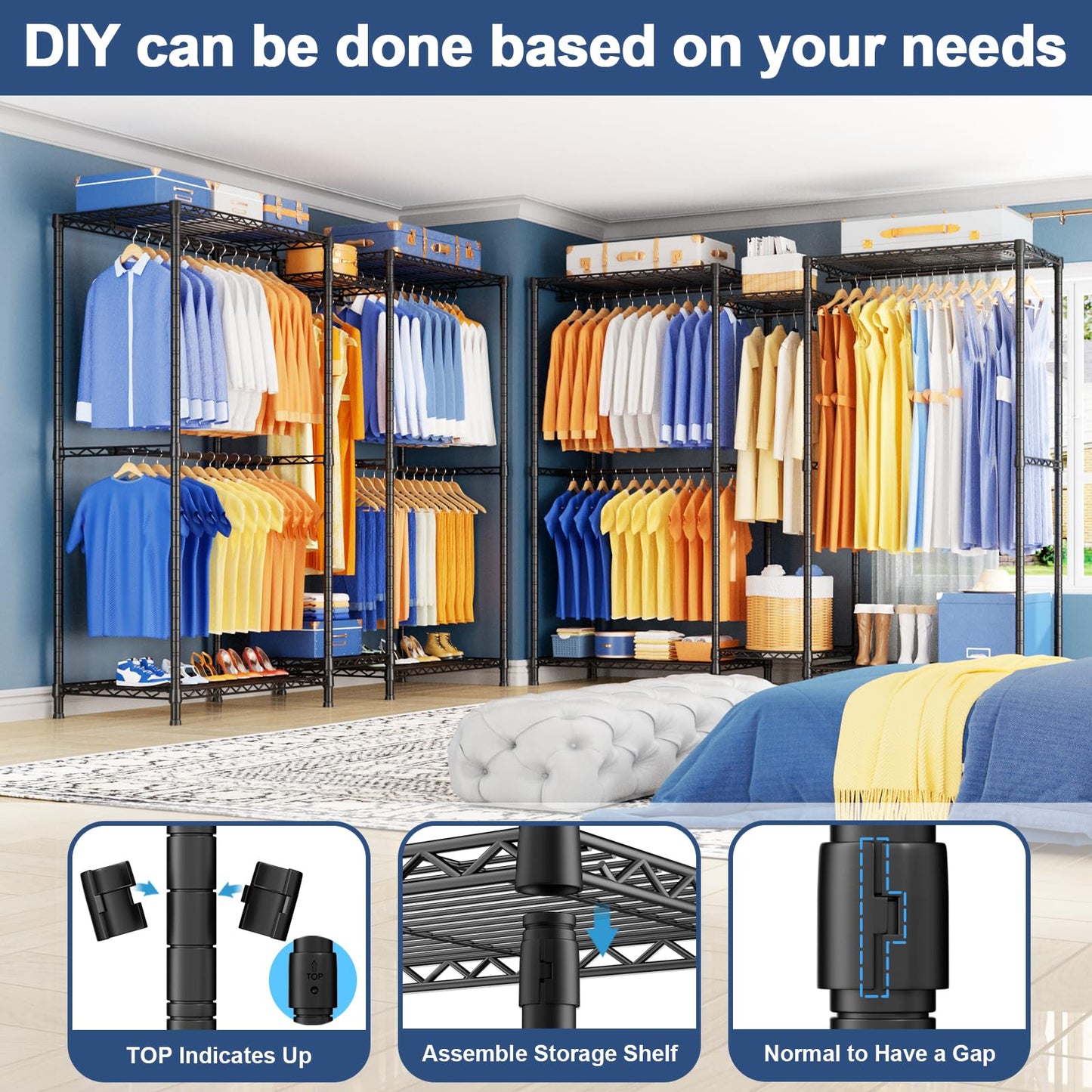 Ulif E12 Clothes Rack，Heavy Duty Freestanding Garment Rack with Shelves，Metal Clothing Closet Storage System for Hanging Clothes，71" W x 16" D x 76.5" H, Hold 960 lbs，Black