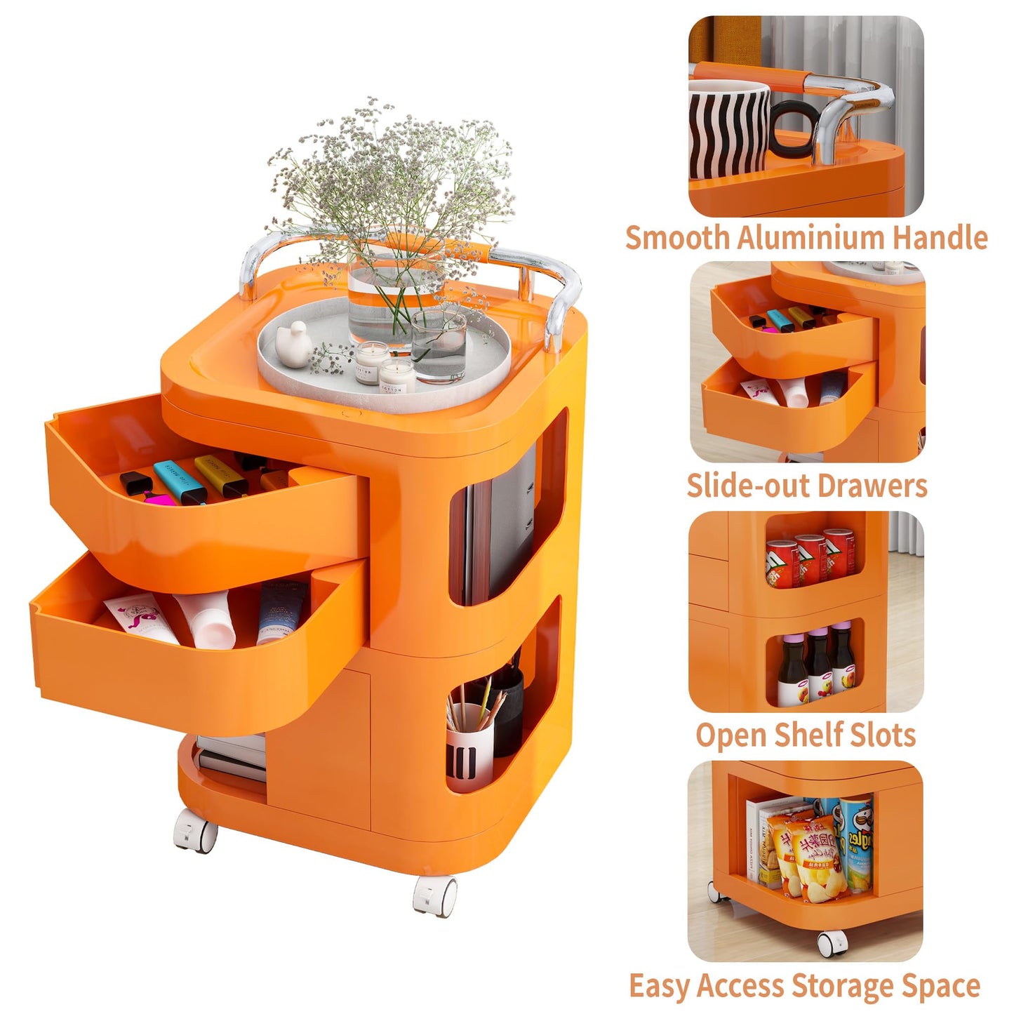 Edospaen Nightstand End Table Sofa Side Table Bedside Storage Organizer Cart with Drawers & Wheels, Multipurpose Portable Utility Cart Snack Storage Cart Trolley Cart
