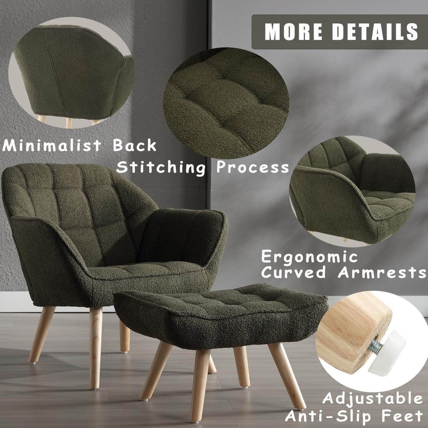 ZH4YOU Sherpa Accent Reading Chair with Ottoman, Modern Fuzzy Chair with Ottoman Upholstered Armchair with Wood Legs Comfy Lounge Chair for Small Spaces Living Room Bedroom Book Nook, Green