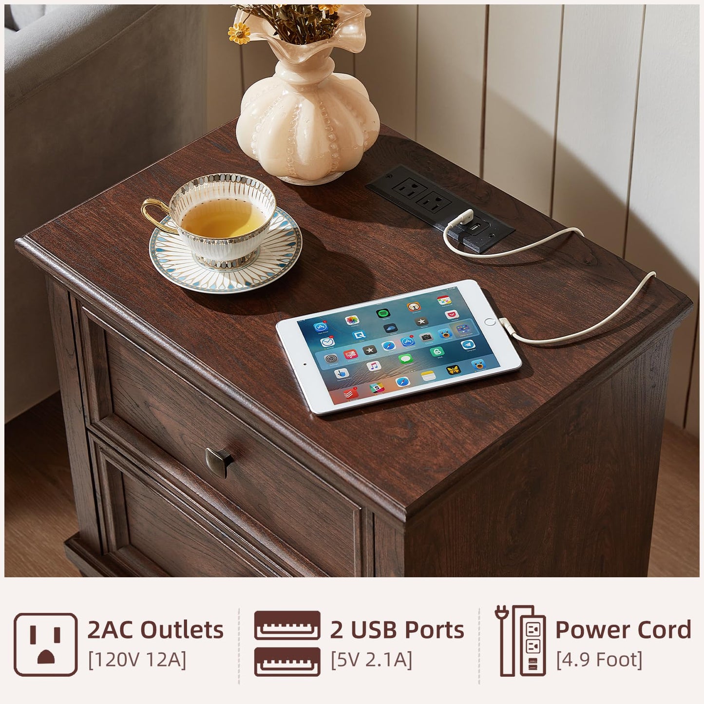 SAVOR LIFE Farmhouse Nightstand with Charging Station, Rustic Low Night Stand with 2 Drawers, Mid-Century Modern End Table with 4 Square Solid Wood Legs, Small Dresser for Bedroom, Home, Walnut