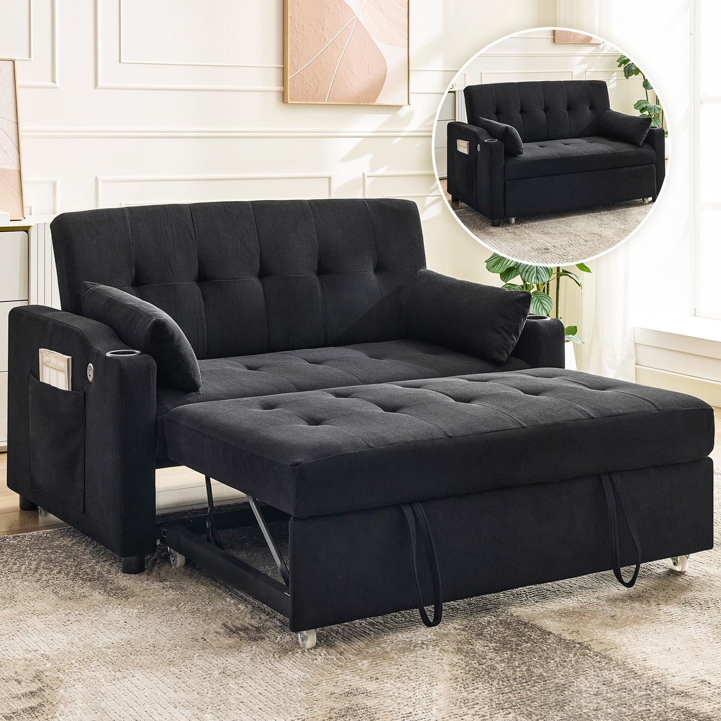 PeacefulHues Sofa Bed Couch, Futon Sleeper Couches with Pull Out Bed, USB Convertible Sofa Cama for Small Spaces, Living Room or Rv 3 in 1 Loveseat Furniture That Turns into Lounge Recliner