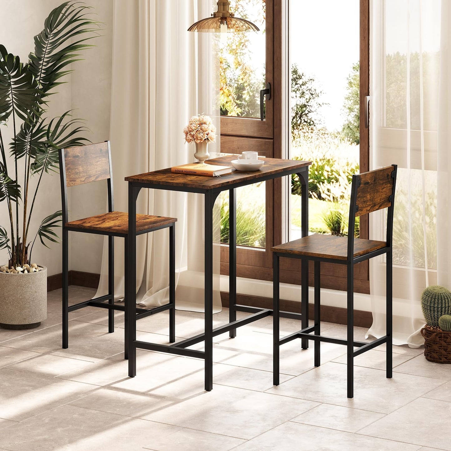 Tangkula 3 Piece Counter Height Bar Table Set, Pub Table and Chairs Set of 2, High Top Console Table with Stools for 2, Space-Saving Dinette Set for Breakfast Nook (Rustic Brown)