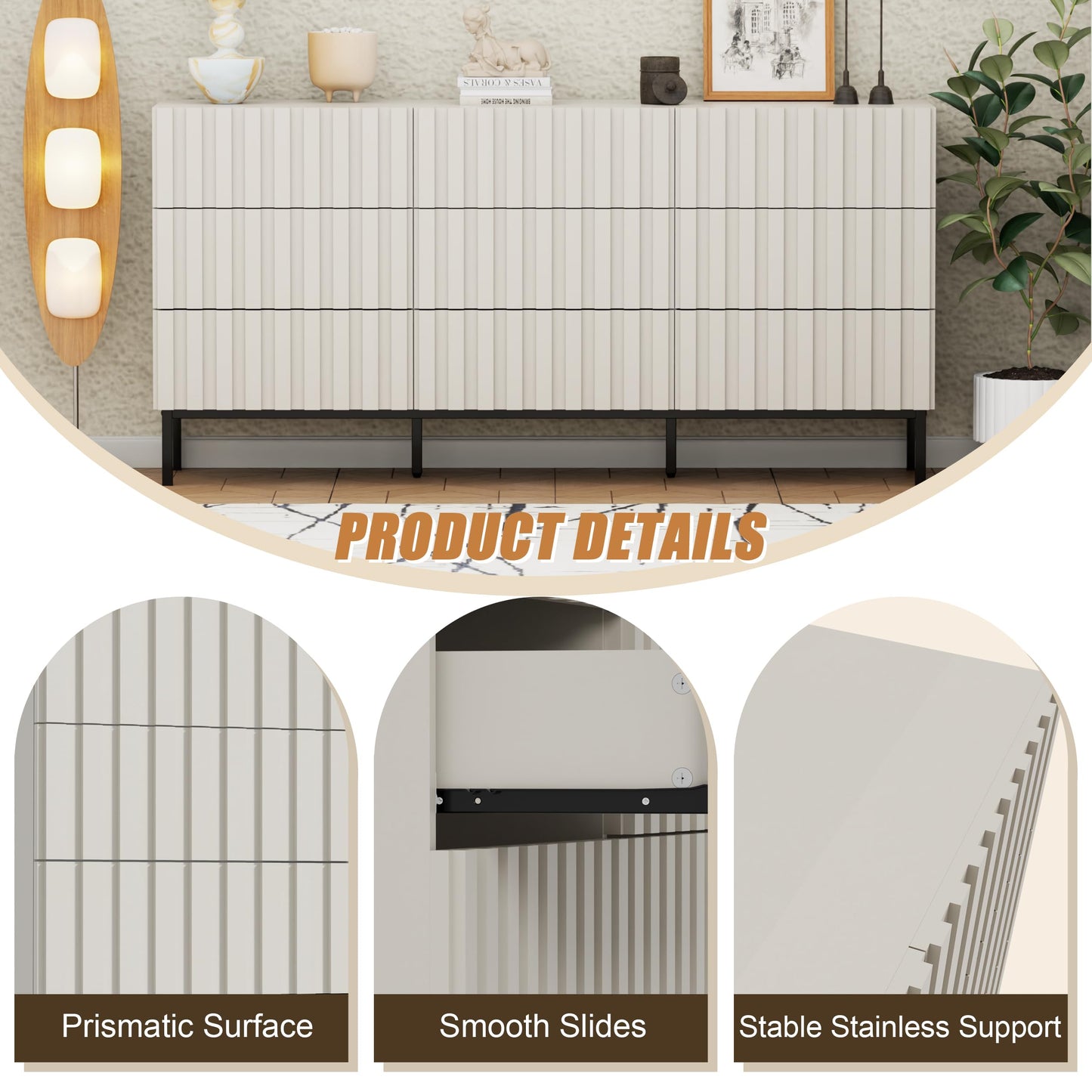 UEV 3 Piece Bedroom Dresser Set, Long 9 Drawer Dresser & 2 Drawer Nightstands with Open Shelf, Modern Wooden Chest of Drawers & Nightstand Sets for Bedroom, Living Room, Entryway, Beige