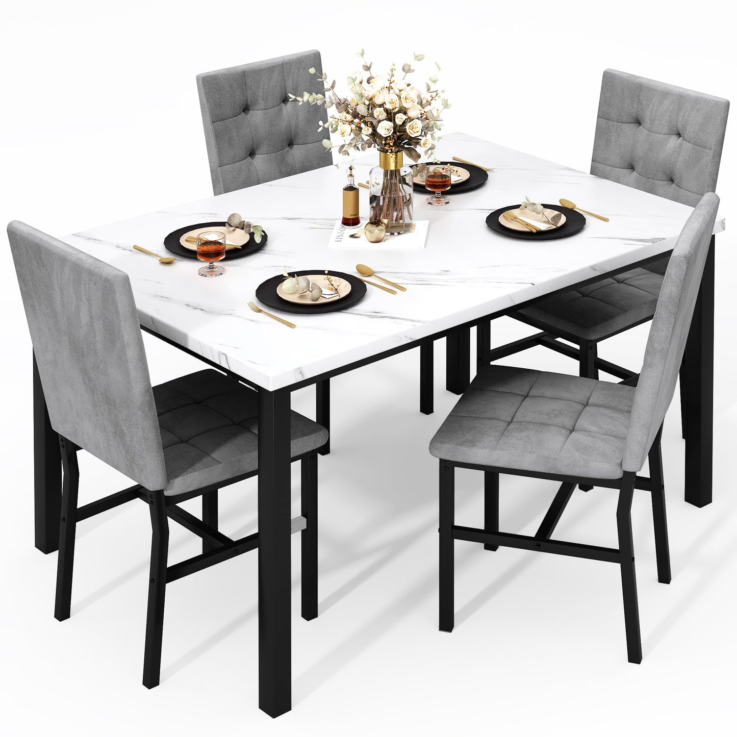 Hooseng Dining Room Table Set 5 Piece Dining Table Set Marble Dining Table 4 Chair Dining Table Set for Kitchen Living Room Breakfast Small Spaces (Grey)