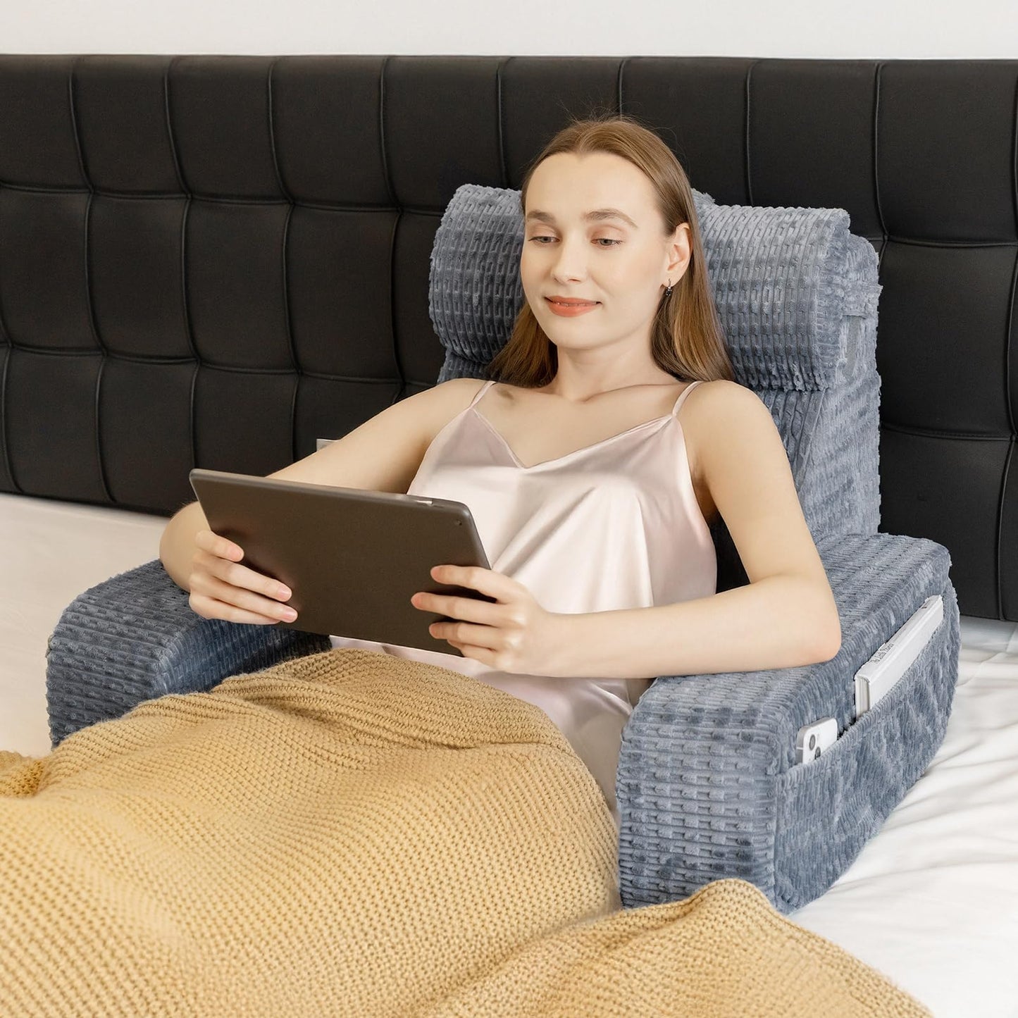 Selectico Reading Pillow for Bed, 19" Back Pillow for Bed Sitting up, Big Pockets & Built-in Arms, Backrest Cushion, Wedge Support for Reclining/Reading/Resting/Watching TV, Washable Cover, Grey