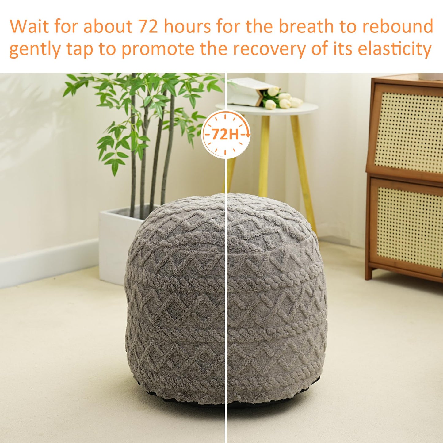 Round Stuffed Pouf Ottoman for Foot Rest, Faux Fur Poufs with Foam Chunk Filling, Storage Ottoman Pouf Foot Stool Cushion, 20 X 15 InchFloor Poufs Foot Rest for Living Room Bedroom Home Decor (Grey)
