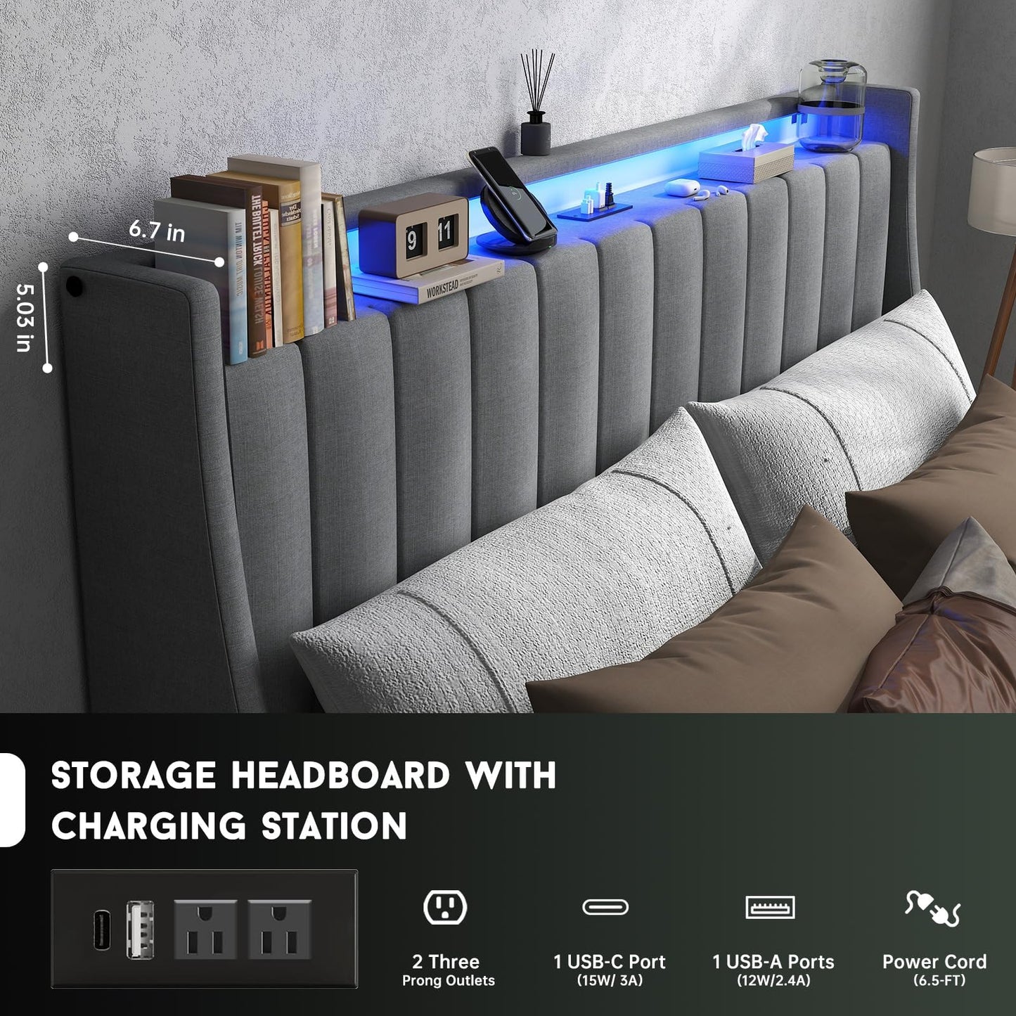Queen Bed Frame with Headboard and 2 Storage Drawers, Platform Bed Frame Queen Size Upholstered with LED Lights and Charging Station, Steel Slat Support, No Box Spring Needed, Easy Assembly, Gray