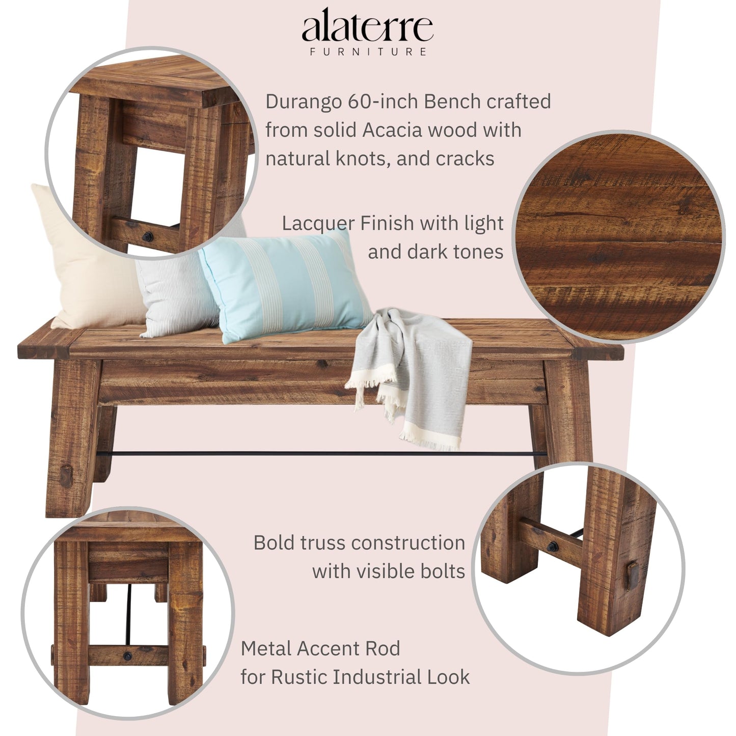 Durango Rustic Farmhouse Style 60-Inch Wood Bench - Industrial Modern Accent Furniture with Solid Wood Seat for Entryway, Dining Room, Hallway, Foyer, or Kitchen by Alaterre Furniture