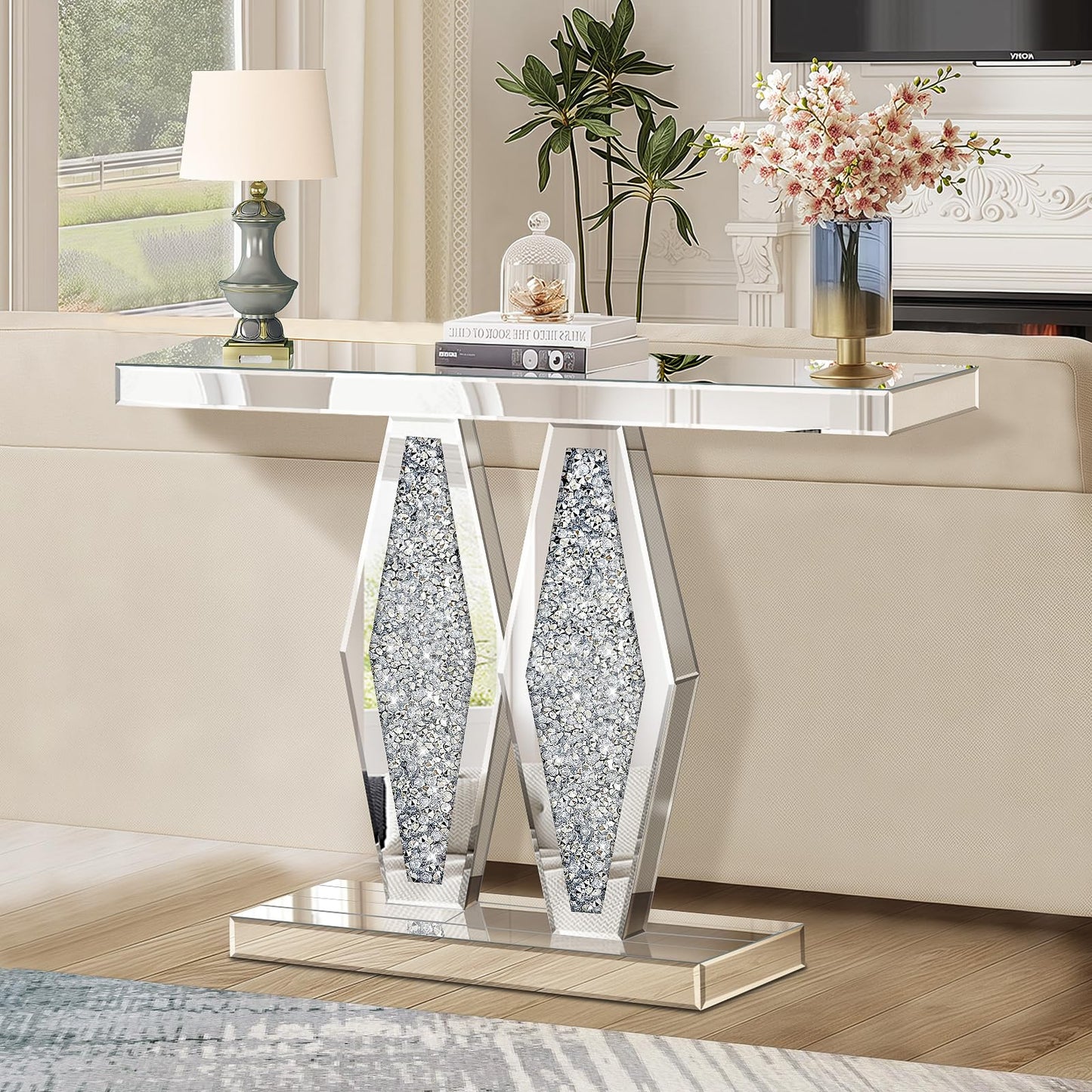 GA Home Modern Mirrored Entryway Console Tables with Crushed Diamond Inlay, 39.37" Long Silver Hallway Table for Entryway, Glam Glass Foyer Table for Home Decor