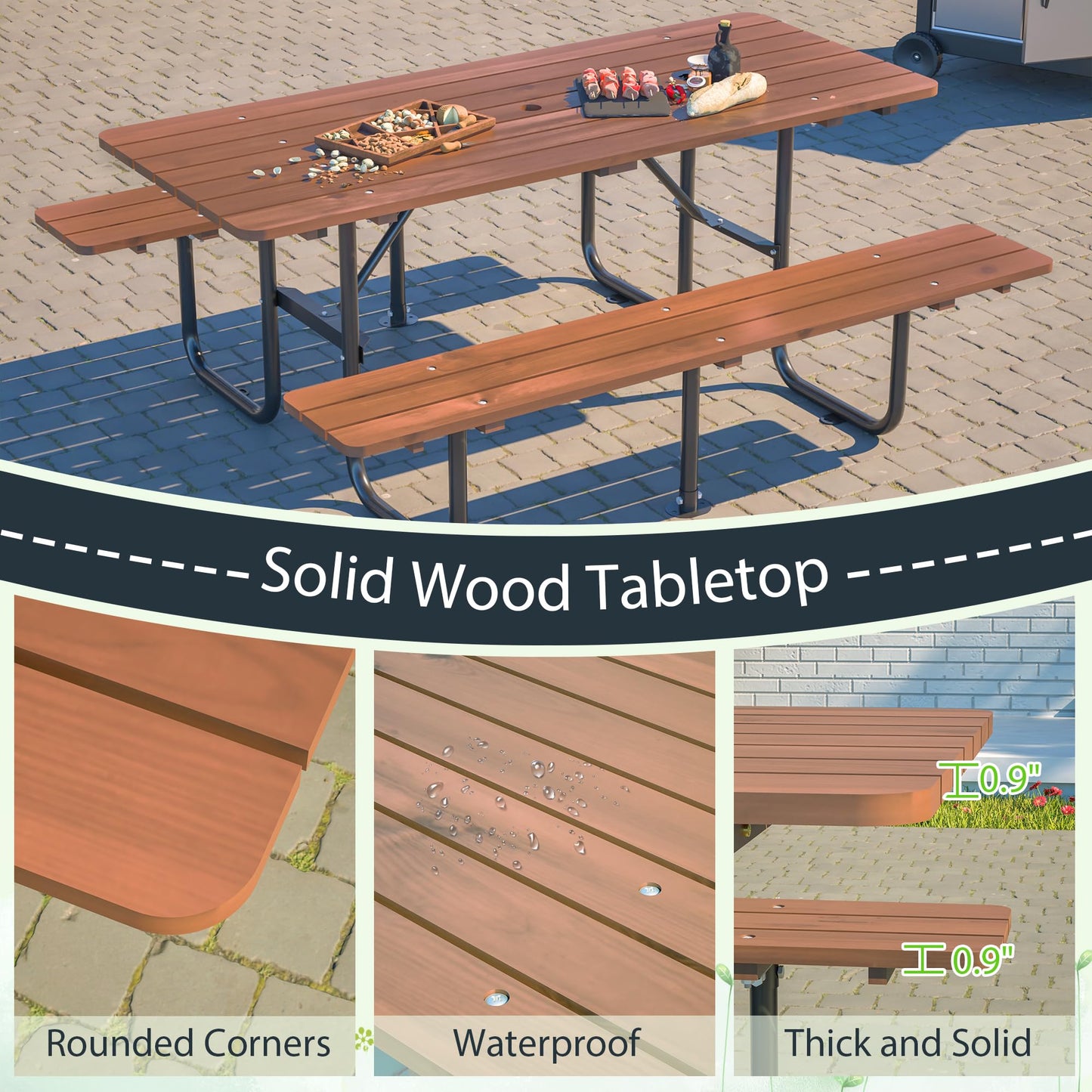 QUAWIP 72" Rectangular Outdoor Picnic Table - 6 Person Brown Wooden Dining Set with Built-in Benches, Ideal for Garden BBQ & Courtyards
