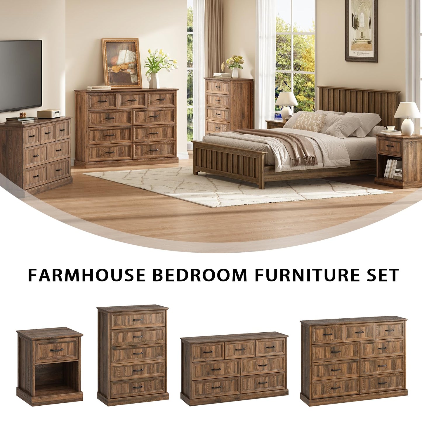 Farmhouse 9 Drawer Dresser for Bedroom, 55 Inch Wide Modern Walnut Dresser TV Stand with Large Drawers & Bar Handles, Rustic Wood Chest of Drawers for Bedroom, Living Room, Hallway, Entryway.