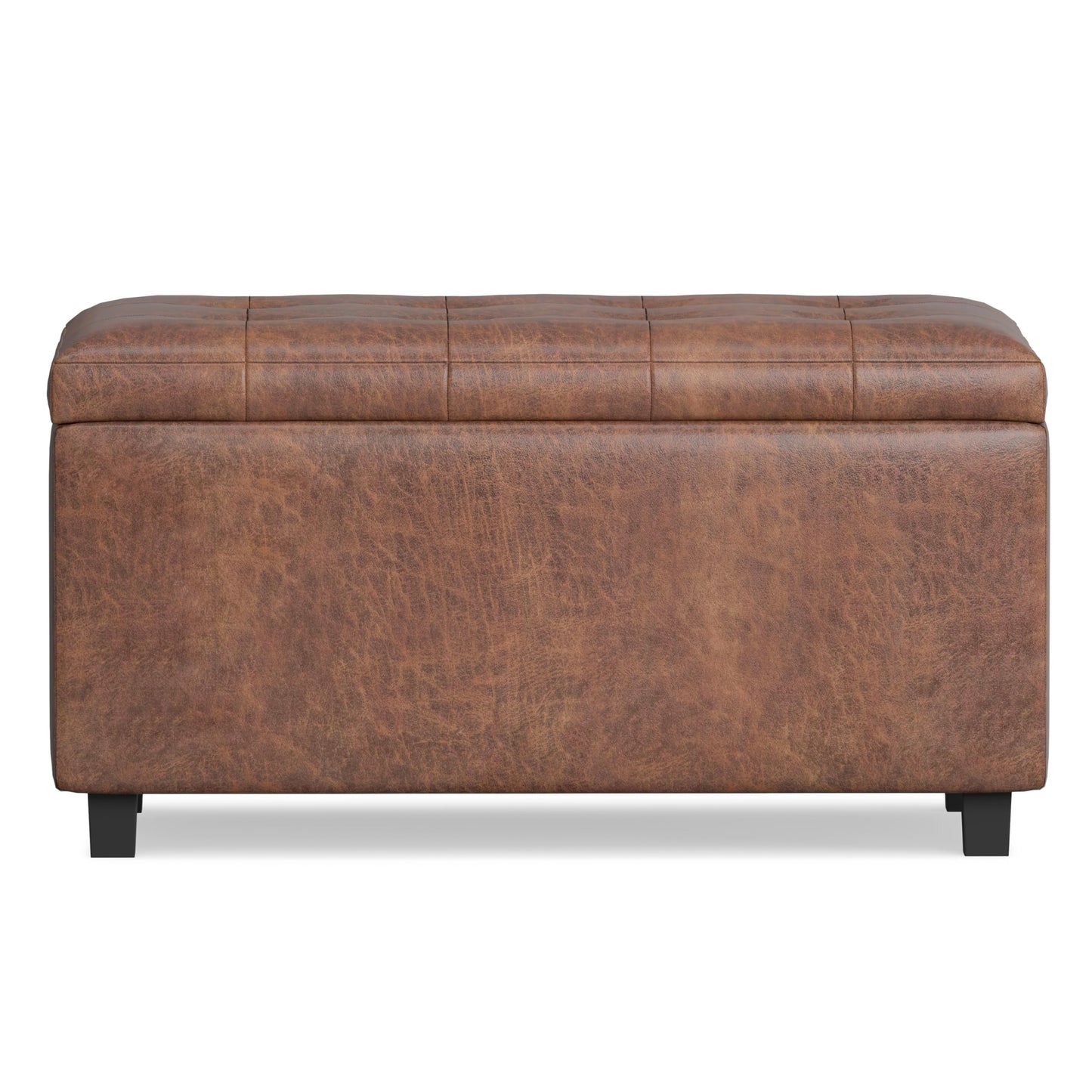 SIMPLIHOME Cosmopolitan 34 inch Wide Transitional Rectangle Storage Ottoman in Distressed Saddle Brown Vegan Faux Leather, Assembled, For the Living Room, Entryway and Family Room