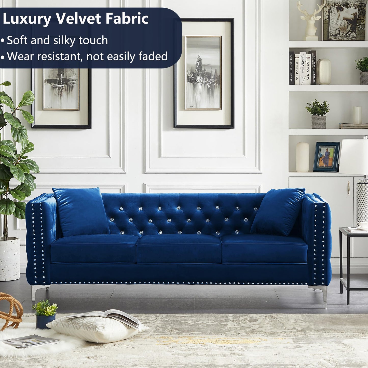 Fulocseny Luxury Velvet Sofa for Living Room 82", Jeweled Buttons Tufted Square Arm Couch, Modern Upholstered Couch Classic Chesterfield Sofa with 2 Pillows & Metal Legs (Blue, 3-Seater)