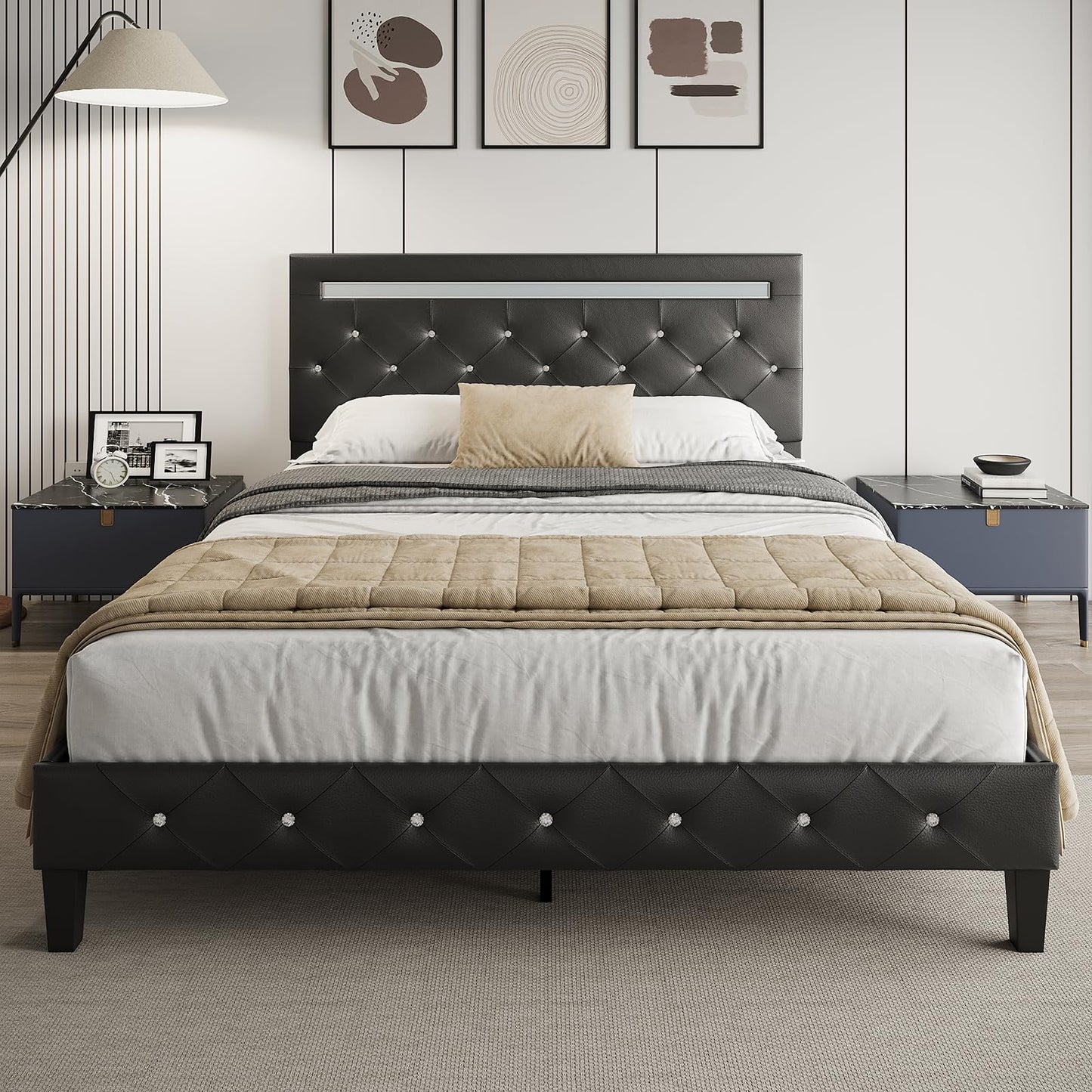 Benevika Full Size Bed Frame with LED Lights, Upholstered Platform Bed Frame with Adjustable Headboard and Charging Station, Wooden Slats Support, Easy Assembly, No Box Spring Needed, Black