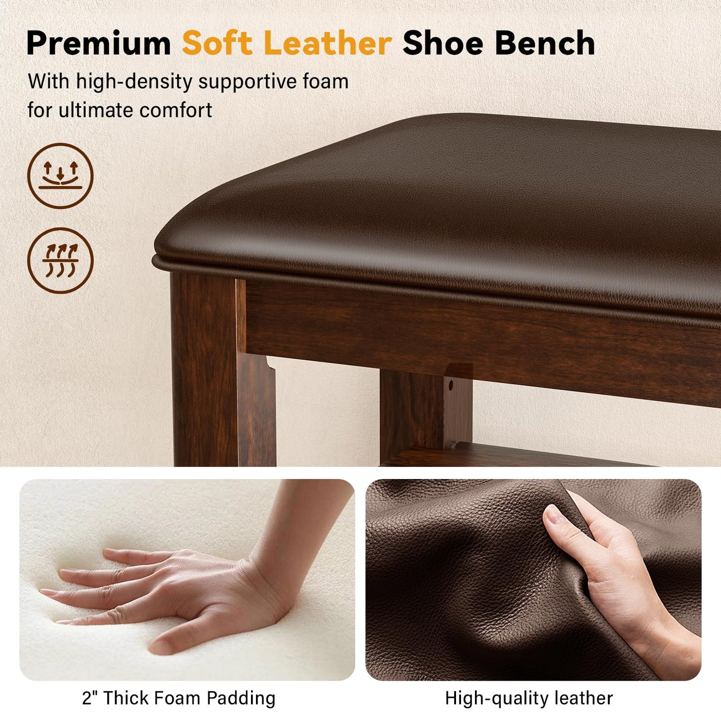 Shoe Rack Bench Entryway Storage with Leather Cushion, Shoe Organizer Bench for Entryway, Ideal for Front Doors Entrances Hallway Mudroom Featuring Rubberwood And 3 Height-Adjustable Removable Shelve