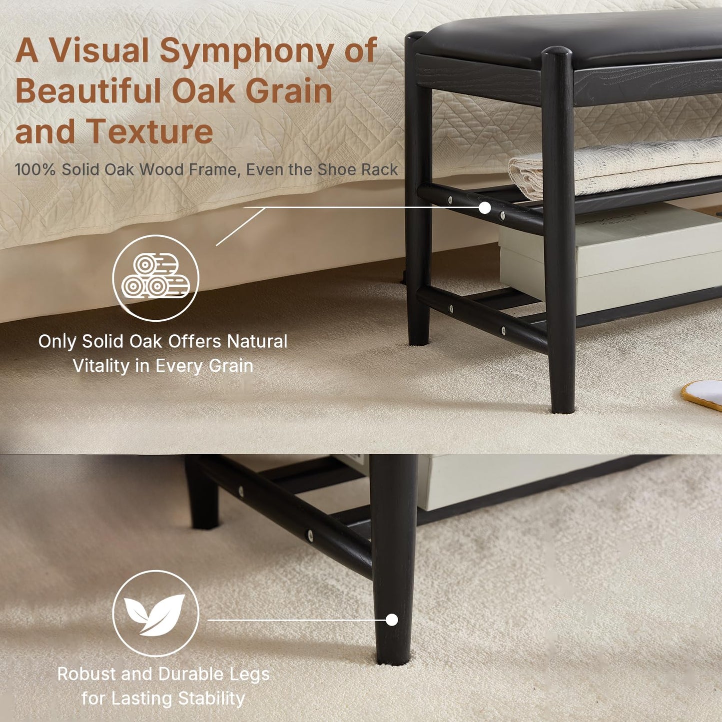 CREATISAN Shoe Bench, Solid Oak Wood Entryway Bench with Storage, 3-Tier Shoe Storage Bench with PU Leather Seat, Mid Century Shoe Rack Benches for Hallway, Bedroom, Living Room, 43.3" Black