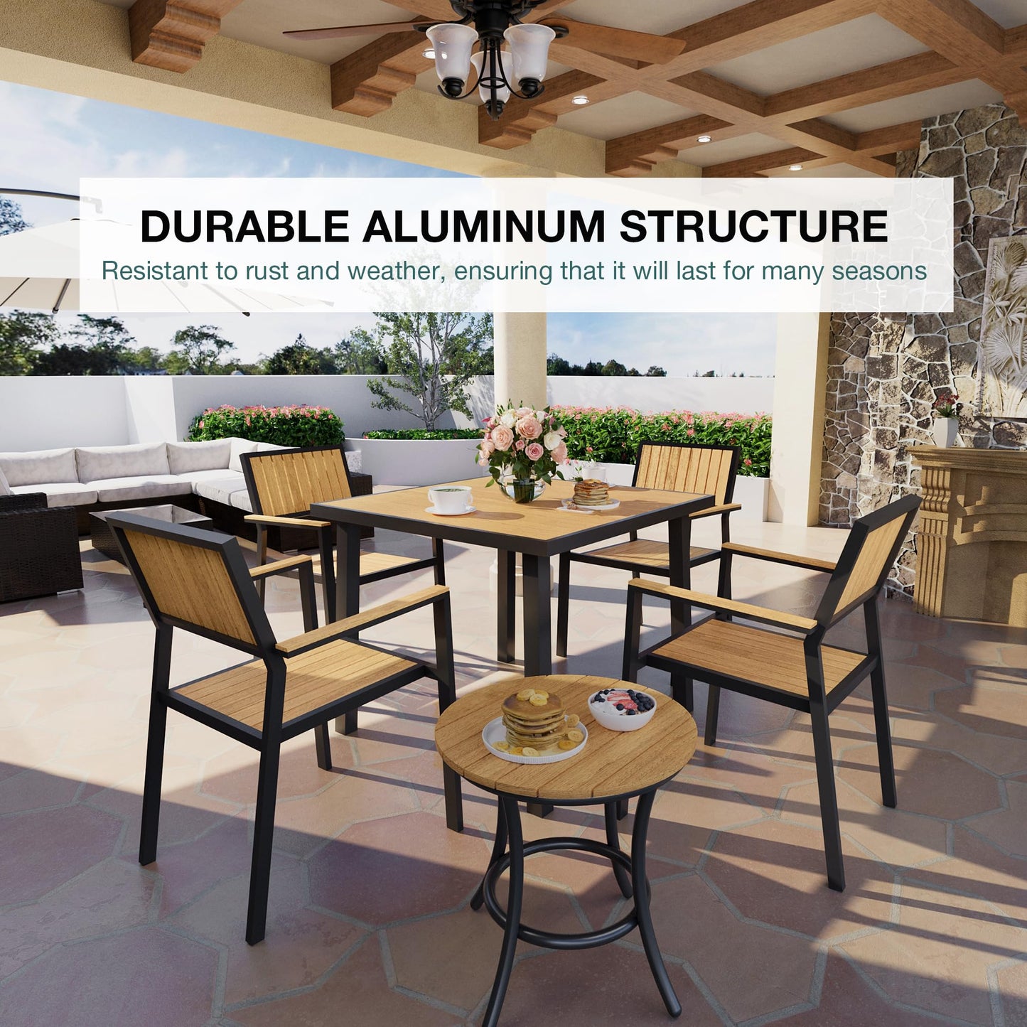 Pamapic 6-Piece Patio Dining Set，Outdoor Aluminum Furniture Set with Plastic-Wood Table Top,Outdoor Furniture Set with 4 Outdoor Stackable Chairs for Patio Garden Poolside (Teak)