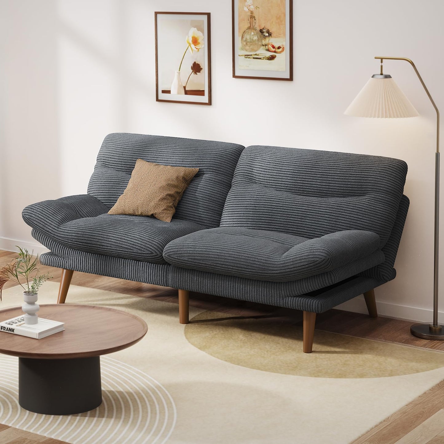 Pipishell Convertible Futon Sofa Bed,66" Corduroy Futon Couch with Adjustable Backrest and Armrests, Recliner Sleeper Sofa for Small Spaces, Play Room or Office, Grey
