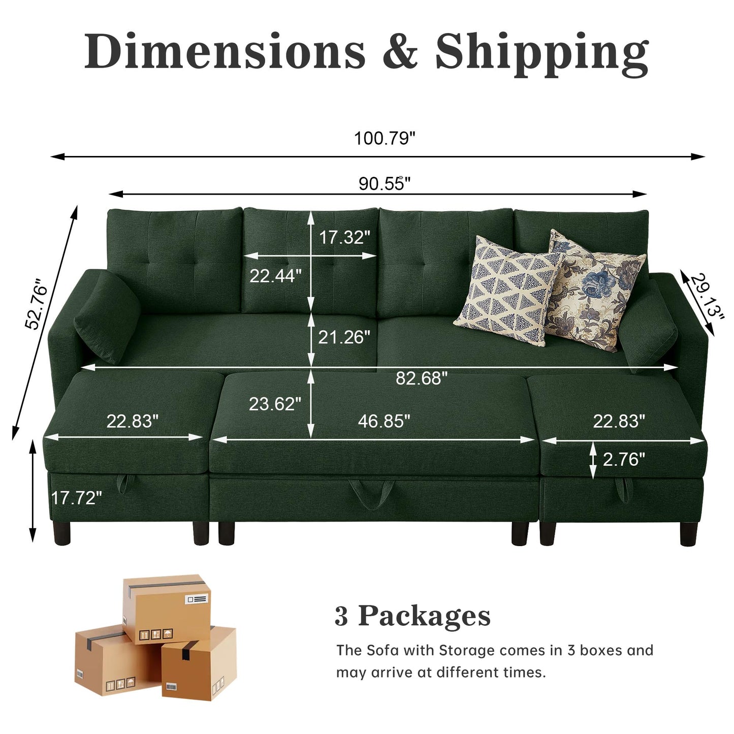 Pingliang Home 101" Convertible Sectional Sofa with Ottoman Coffee Table, Modern Linen Fabric U-Shaped Couch with Storage Pocket, 4 Seat Sofa Couches for Living Room, Apartment, Office, Green