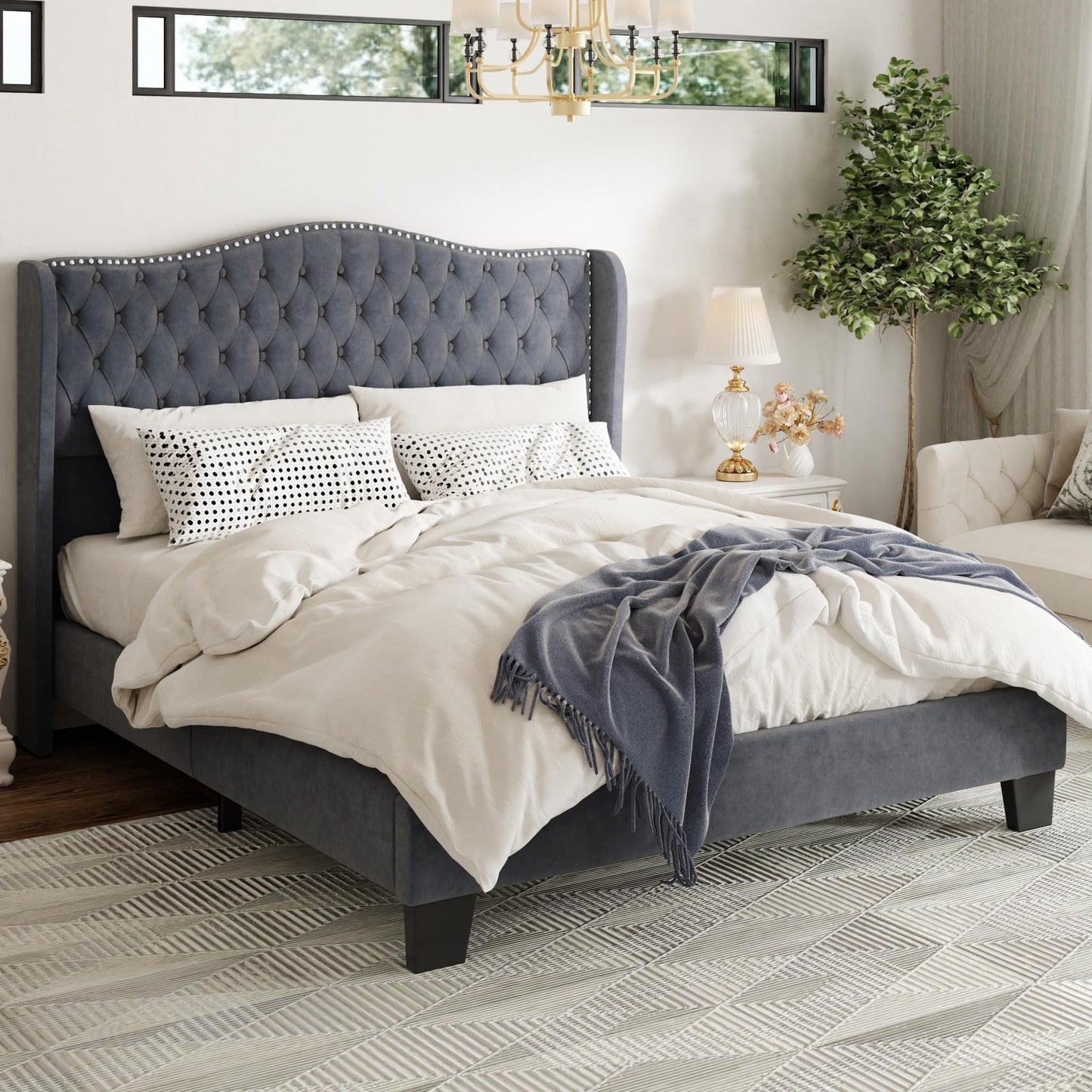 SwnftWinnt Queen Size Upholstered Bed Frame, Velvet Luxury Wingback Headback, Platform Bed with Deep Button Tufted & Nailhead Trim, No Box Spring Needed, Noise Free, Easy Assembly, Grey
