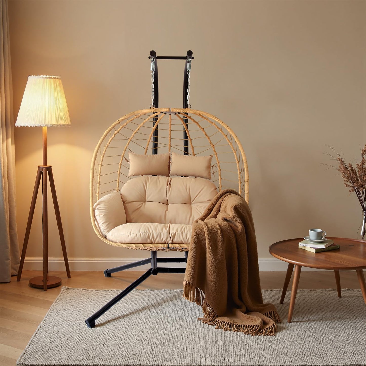 Double Egg Chair with Stand, Patio Wicker Hanging Swing Egg Chair Thickened, Galvanized Pipe Steel Frame and UV Resistant Cushion for Bedroom Garden Indoor Outdoor, 440LBS Capacity (Natural Beige)