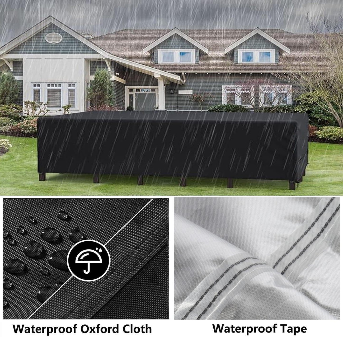 Patio Furniture Covers Outdoor Table Cover Waterproof Rectangular 420D Garden Dining Table Cover Wind Dust Proof Anti-UV Patio Sectional Couch Cover Table and Chair Set Covers 74"Lx47"Wx28"H Black