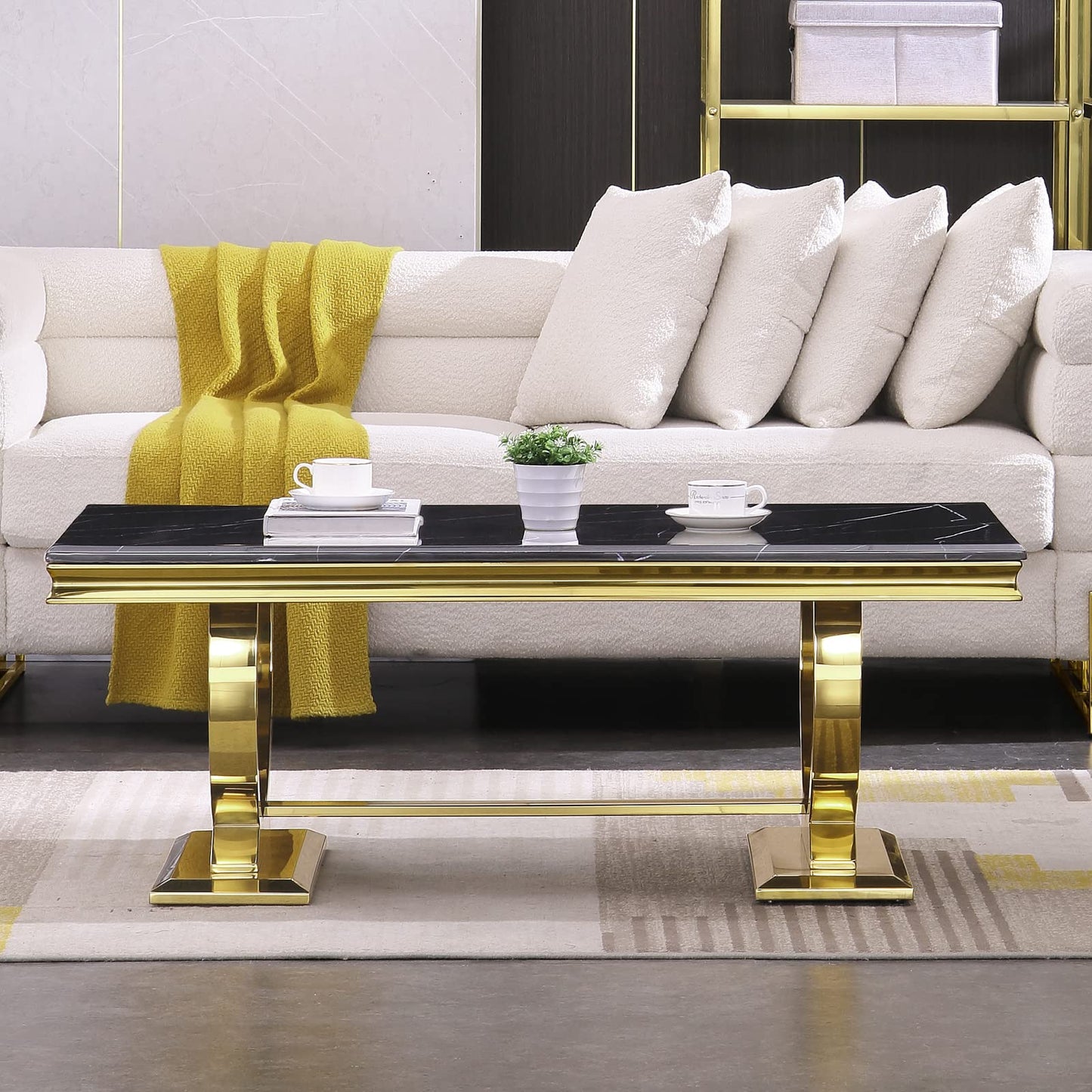 ACEDÉCOR Gold Coffee Table for Living Room, 48 inch Rectangular Black and Gold Coffee Table with Polished Stainless Steel U Base