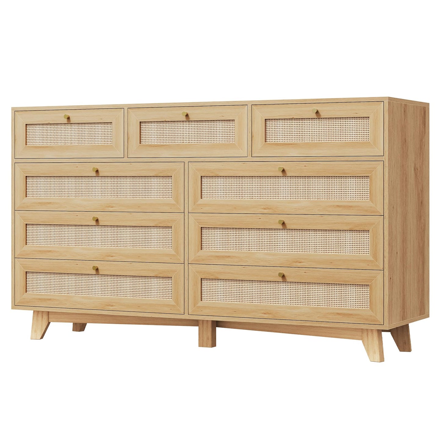AOGLLATI Rattan Dresser for Bedroom with 9 Drawer, Modern Wooden Long Bedroom Dresser, Chest of Drawers with Metal Handle & Solid Wood Legs for Bedroom/Living Room, Wood