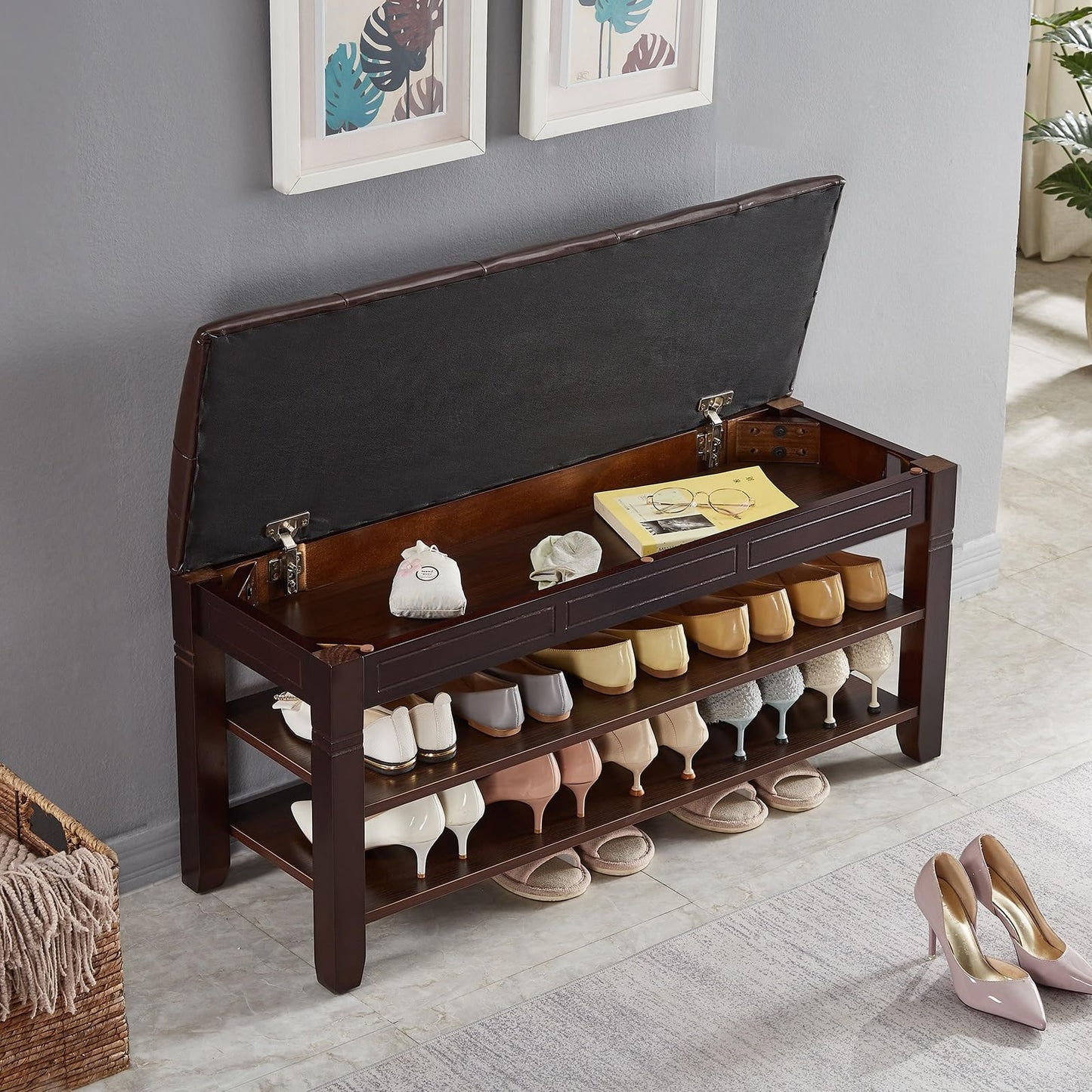 ZIRKOOON Shoe Storage Bench, Entryway Shoe Rack with Fiberleather Seat 2-Tier Lift Top Organizer Wooden Shoe Bench for Entryway Hallway Living Room (Dark Brown 39.4x13.8x18.9'')