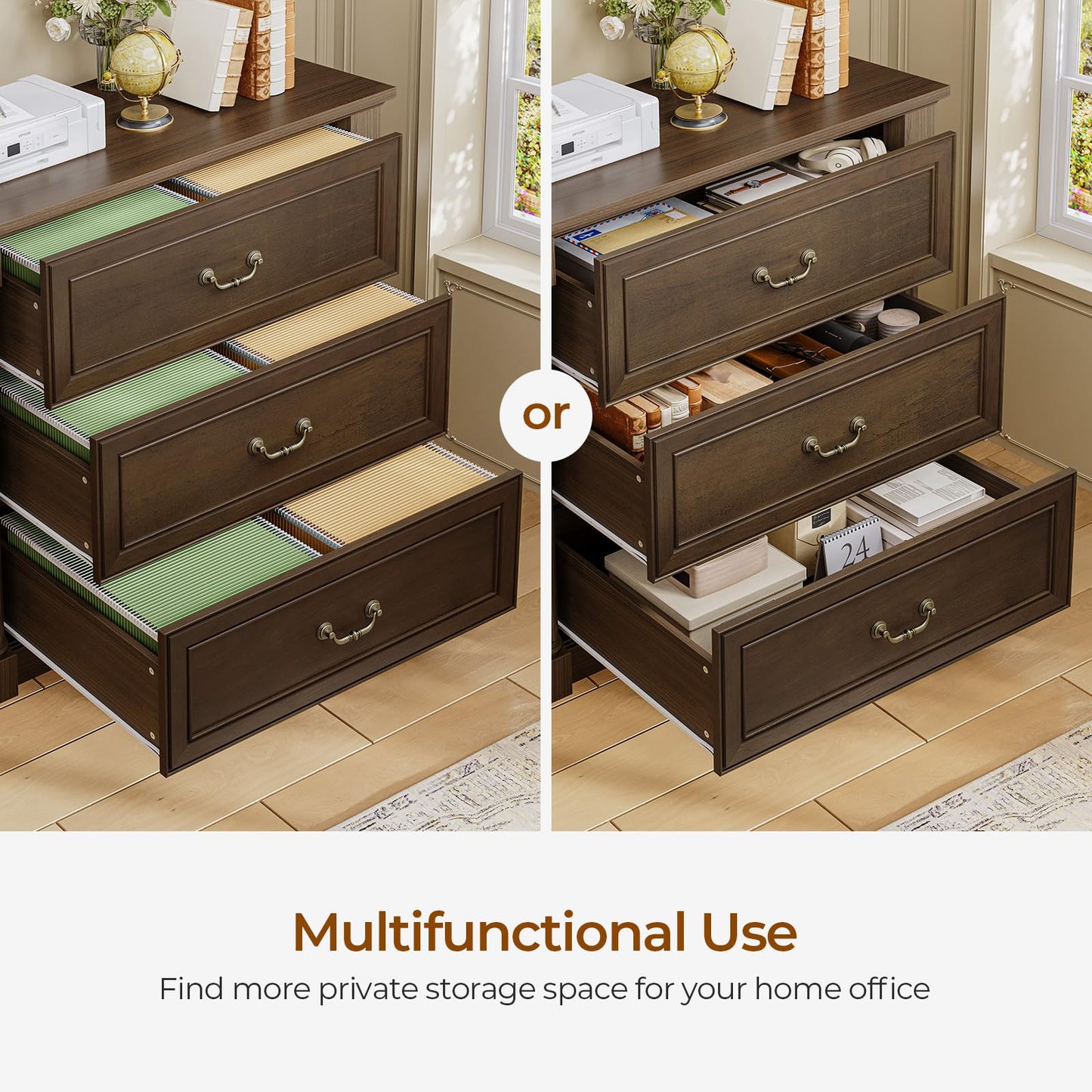 Sikaic 3 Drawer File Cabinet, Farmhouse Filing Cabinet for Letter/Legal Size, Wooden Extended Desktop, Wood Lateral File Cabinets with Printer Stand for Home Office, Framed Drawer Fronts, Retro Brown