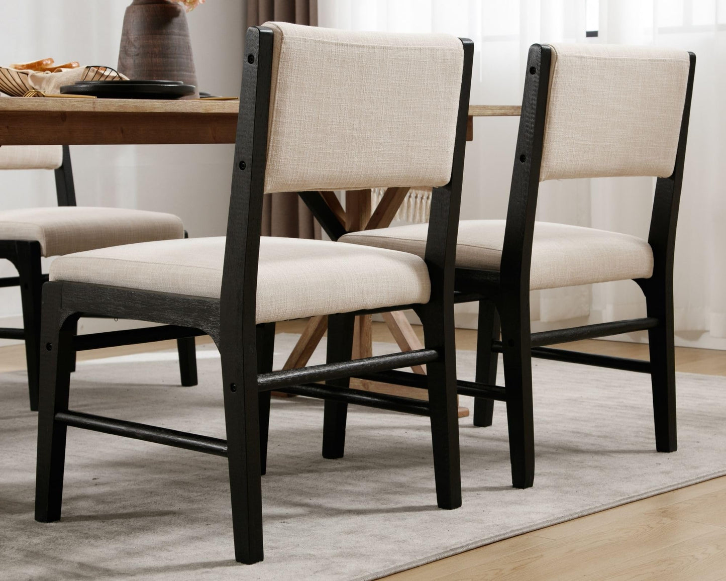 HNY Set of 4 Beige Linen Dining Chairs with Black Wood Frame, Modern Fabric Upholstered Kitchen Chair with Rectangular Back, Armless Wooden Kitchen & Dining Room Accent Side Chairs for Living Room