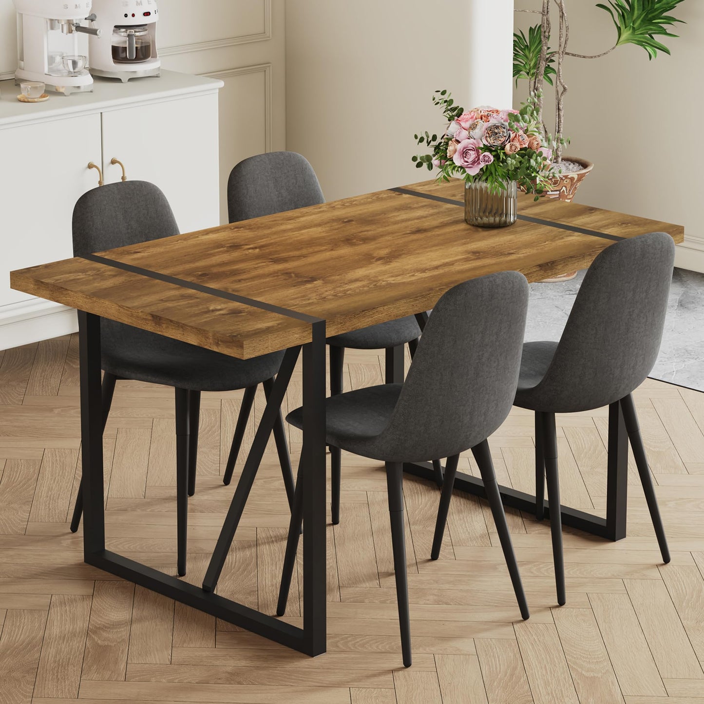 Ganooly Rustic 5 Piece Dining Room Table Set for 4 People, Mid Century Modern 55 Inch Rectangle Wood Kitchen Dining Table with 4 Fabric Chairs Set, Suitable for Kitchen Dining Room