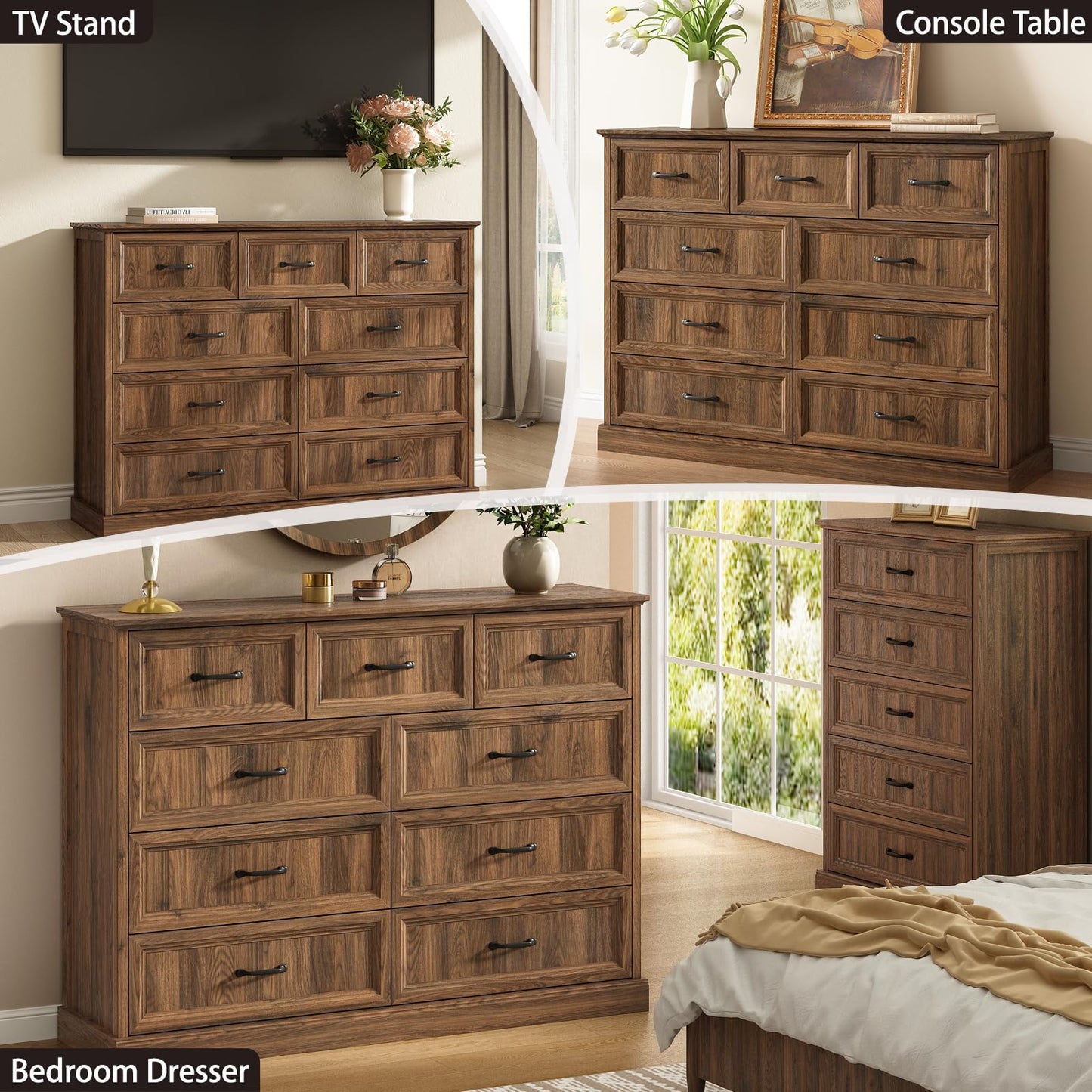 Farmhouse 9 Drawer Dresser for Bedroom, 55 Inch Wide Modern Walnut Dresser TV Stand with Large Drawers & Bar Handles, Rustic Wood Chest of Drawers for Bedroom, Living Room, Hallway, Entryway.