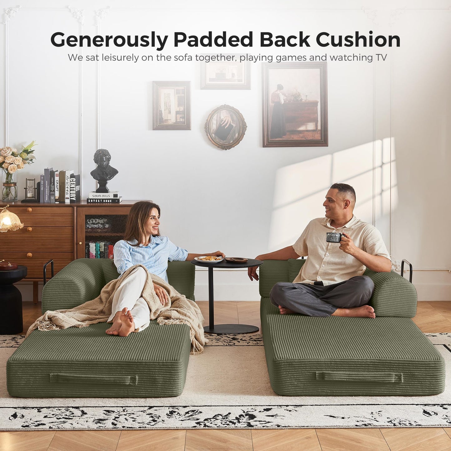Bsxupke 79" Compression Sofa, Convertible Sleeper Sofa Bed, Couch Bed with Fixed-Shape Frame, Corduroy Floor Sofa, Couches for Living Room with 2 Pillows, No Assembly Required, Green