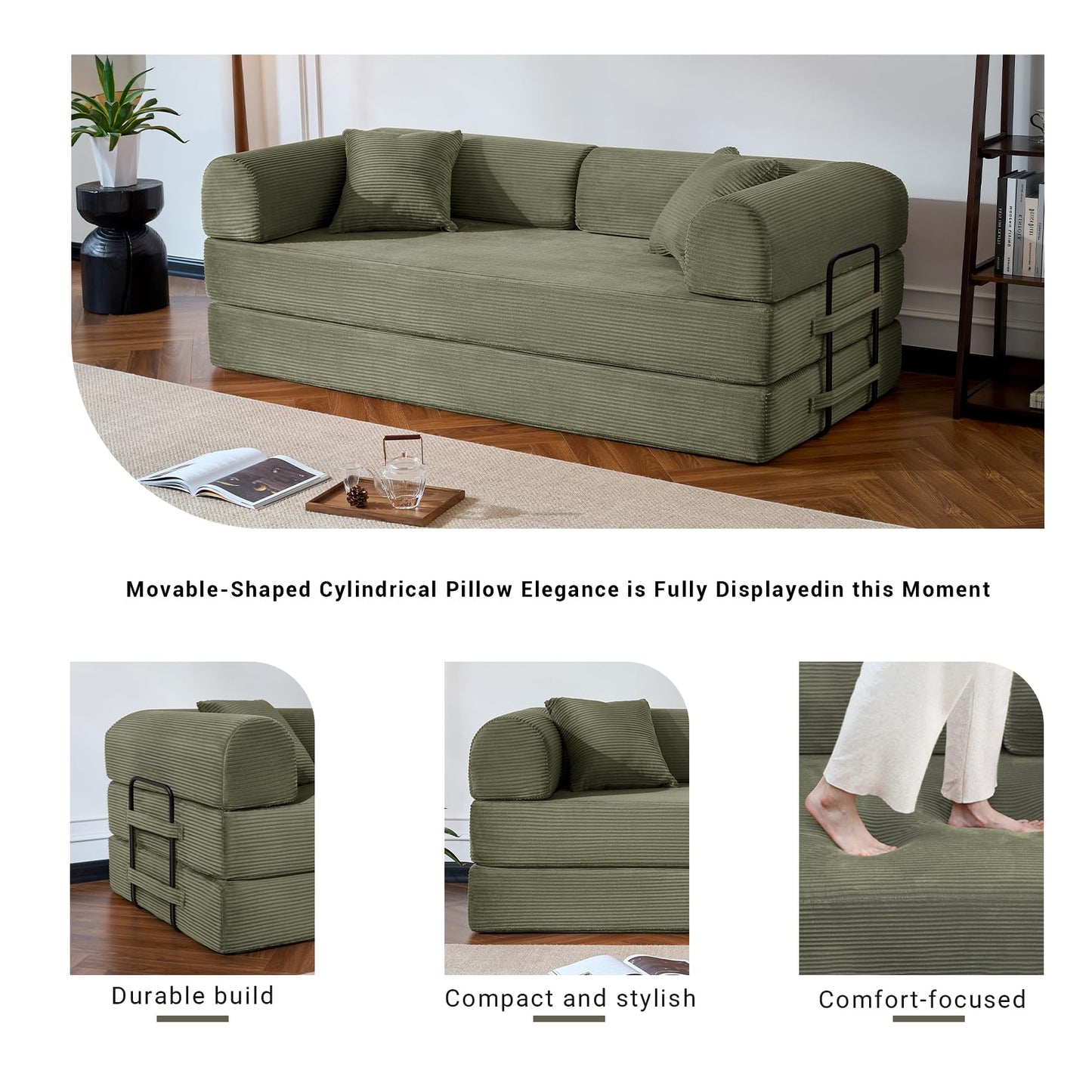 NNQ Compressed Sofa - Convertible Sofa Bed, Corduroy Compression Boneless Couch in a Box, Comfy Modular Foldable Floor Sleeper Sofa for Bedroom, Living Room (Corduroy Fabric, Green)