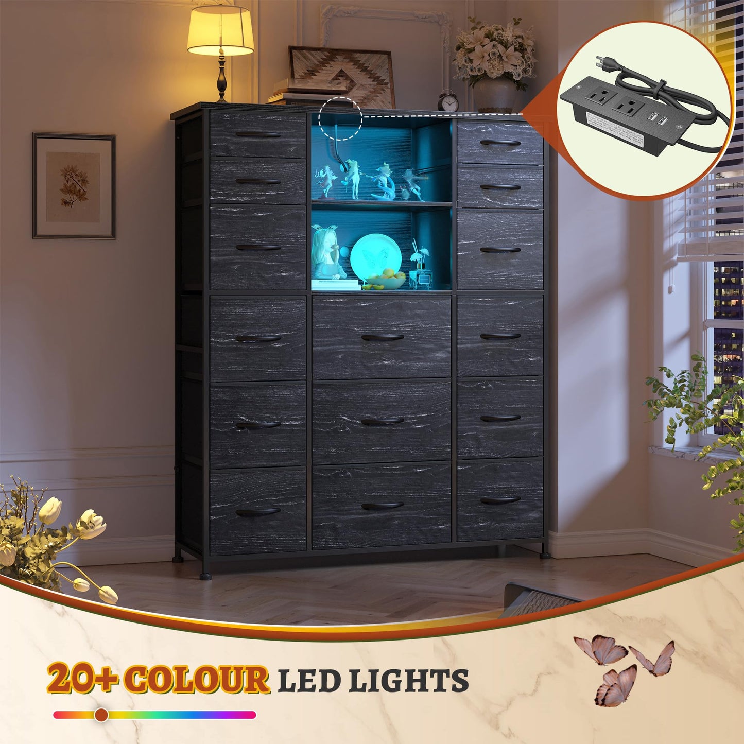 EnHomee 51" H Tall Dresser with 15 Drawers Dresser for Bedroom with Charging Station & LED Lights & Hutch Sturdy Black Bedroom Dressers, Steel Frame, Wood Top, 51.2" H x 39.3" W x 11.8" D