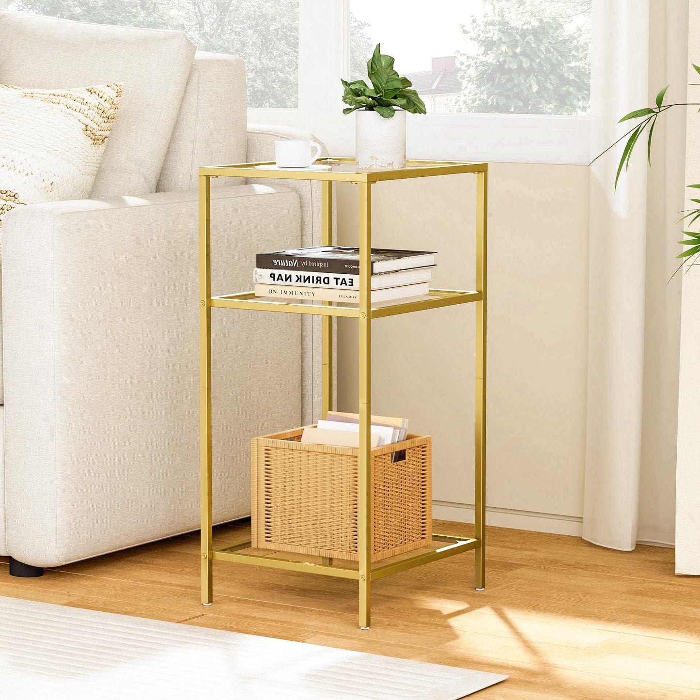 Homhedy 3-Tier Side Tables Set of 2, End Tables with Tempered Glass, Nightstands with Storage Shelves, Slim Sofa Tables for Living Room, Bedroom (2, Golden)