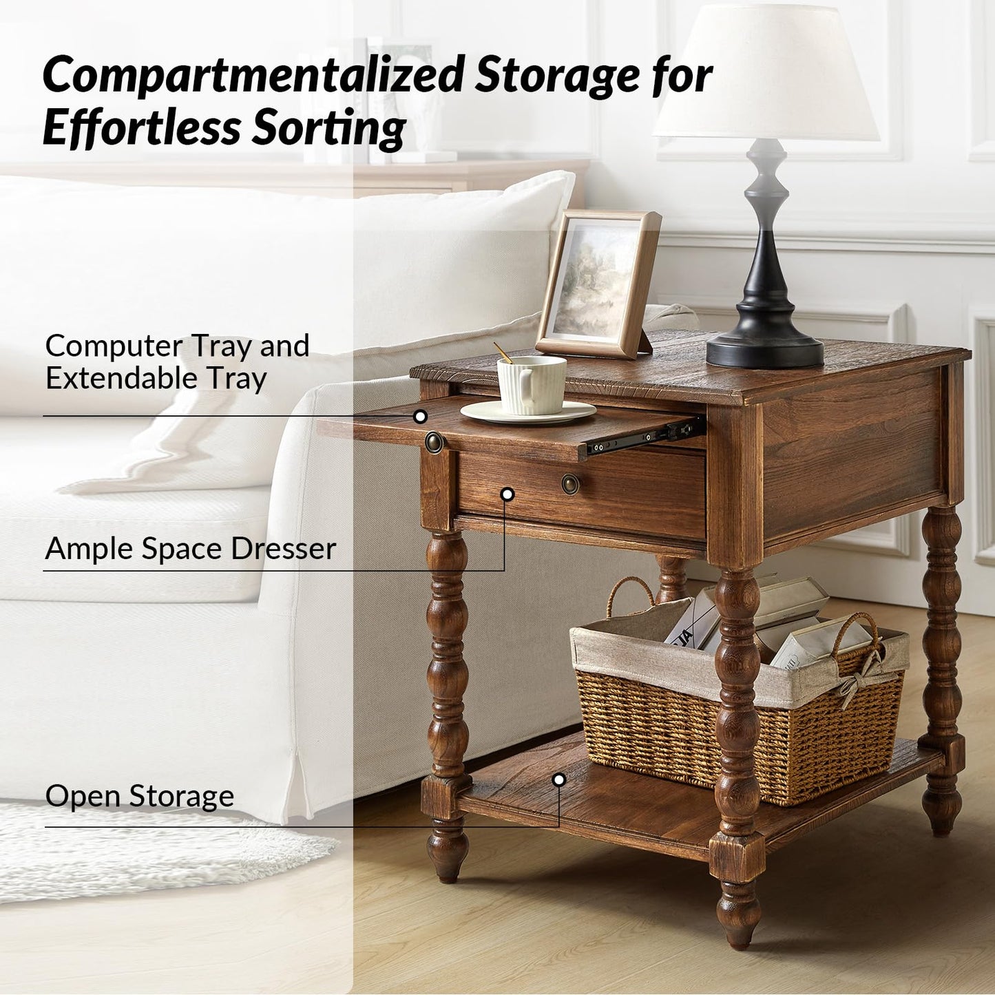 HULALA HOME Spindle Nightstands with Charging Station, Solid Wood Nightstand with Drawer Shelf, Side Table with Pull-Out Shelf (Walnut)