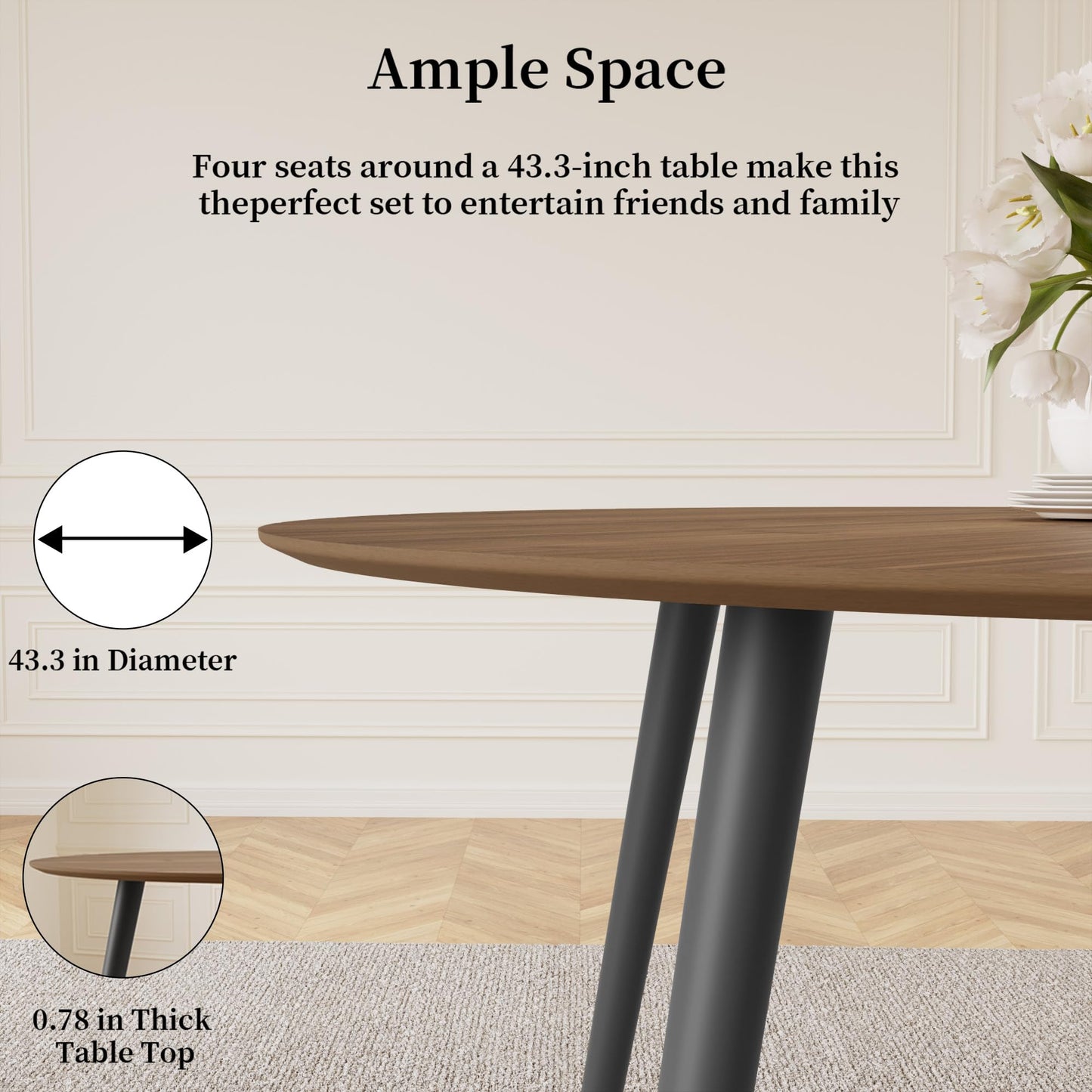 HIPIHOM 43.3 Inch Round Dining Table Set for 4, Modern Small Kitchen Coffee Set for Dining Room Kitchen Apartment (Walnut Table + 4 Brown Chairs)