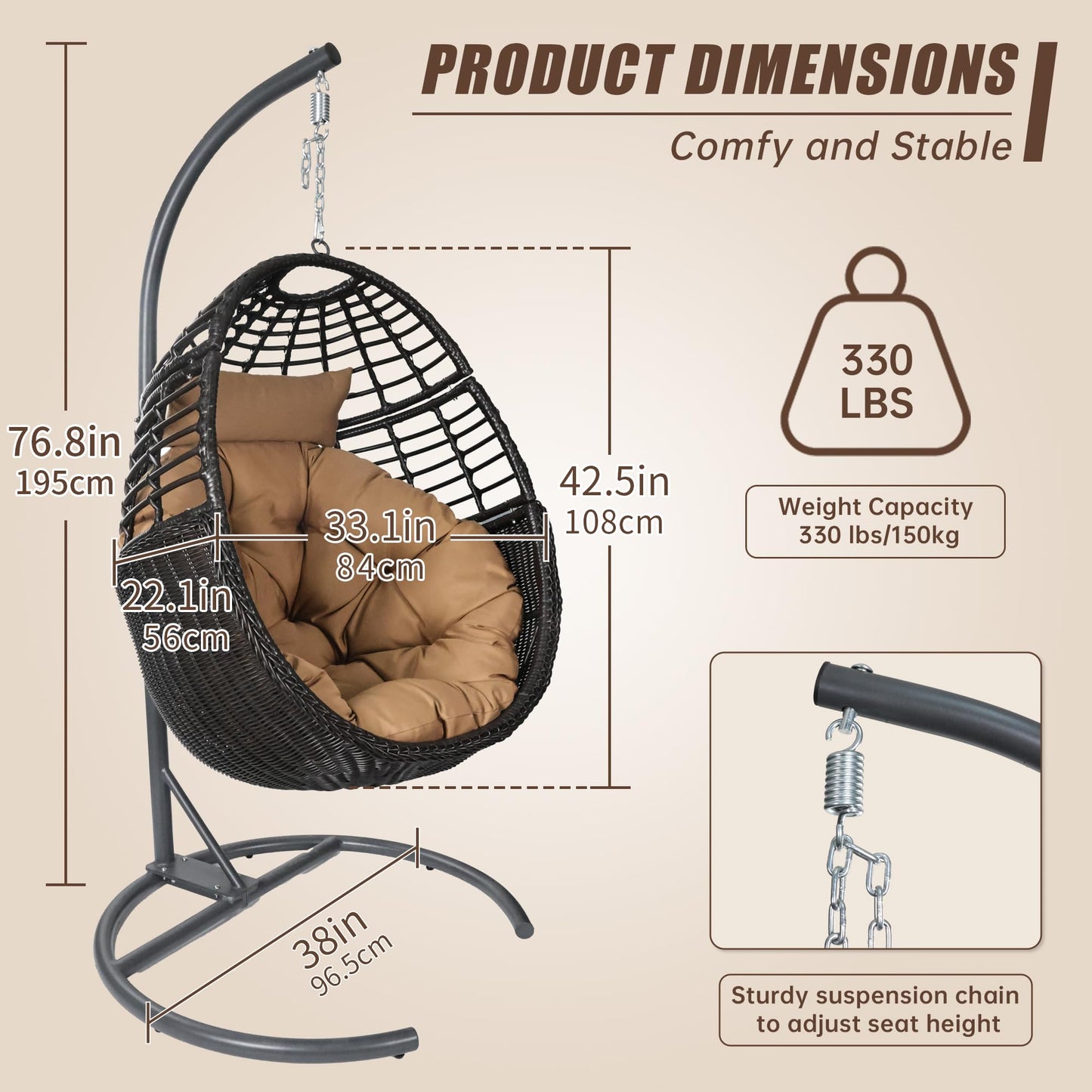 Erotr Egg Swing Hanging Chair with Stand, Outdoor Rattan Egg Hammock Chair with Cushion Pillow for Indoor Bedroom Patio Garden for 330lbs/150kg - Dark Brown