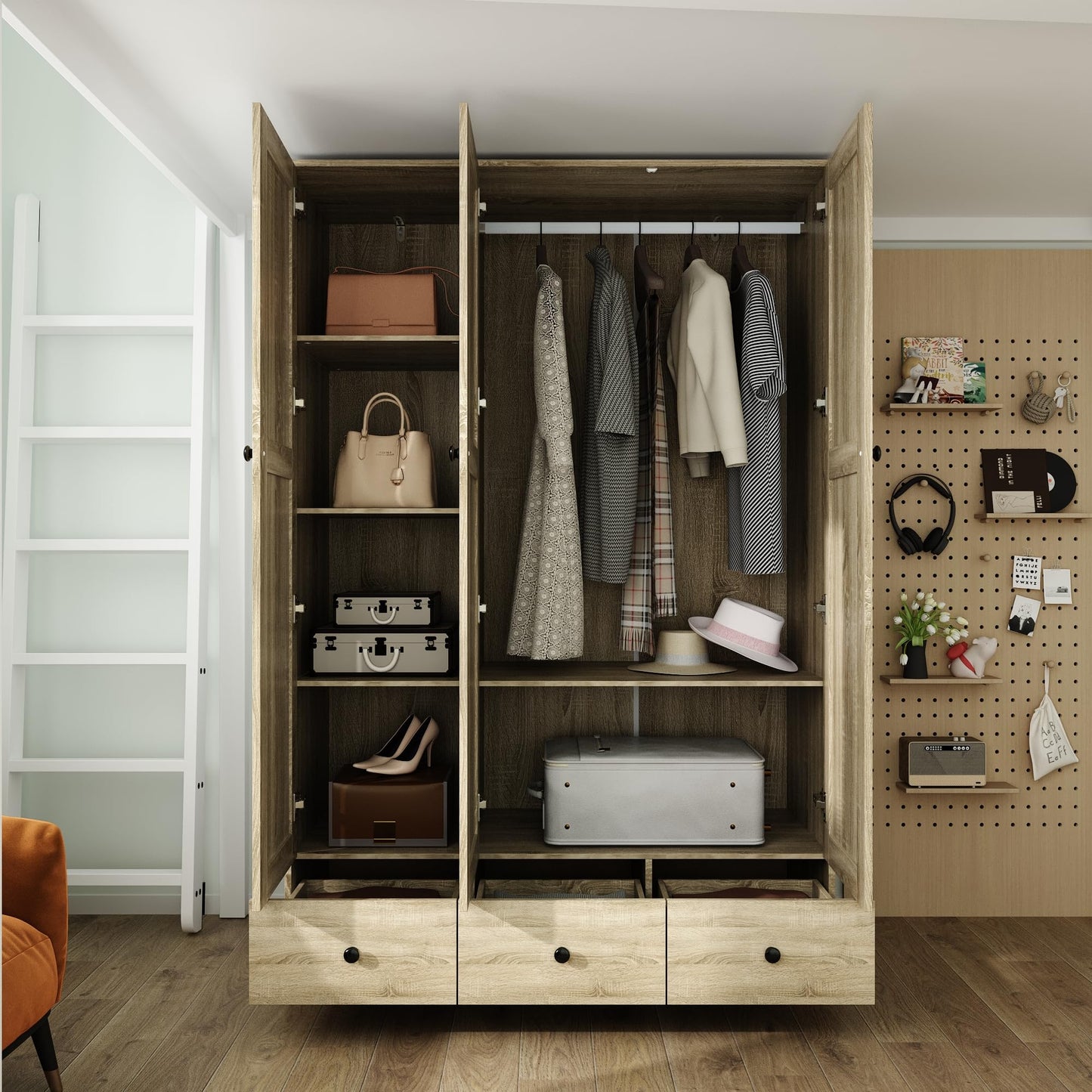 Homsee 3-Door Rttan Wardrobe Armoire Closet, Bedroom Cabinet Armoire with 3 Rattan Doors, 3 Drawers, Hanging Bar & 6 Shelves, Light Brown