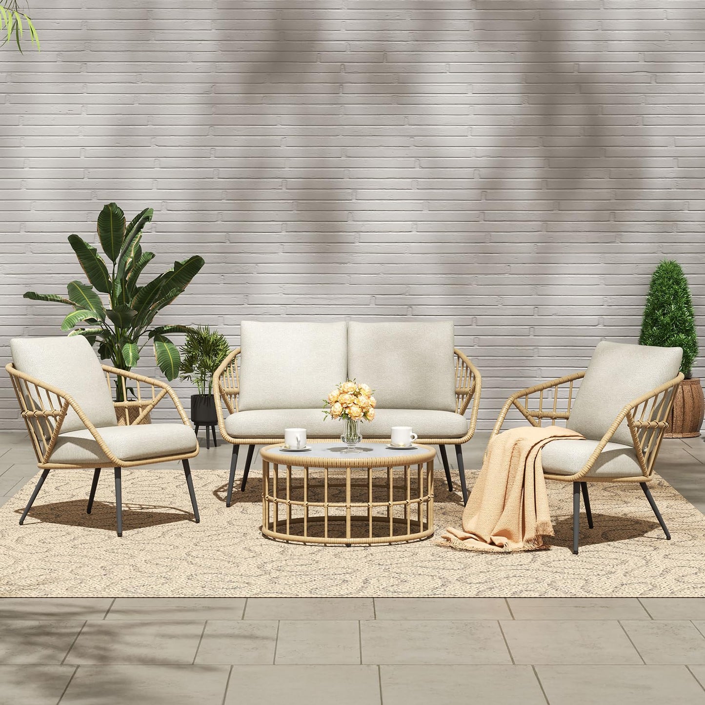 SANDAZE 4 Pieces Outdoor Patio Furniture Set, PE Rattan Wicker Balcony Porch Deck Furniture, Conversation Set Patio Table and Chairs Set with Thick Cushions and Coffee Table, Beige