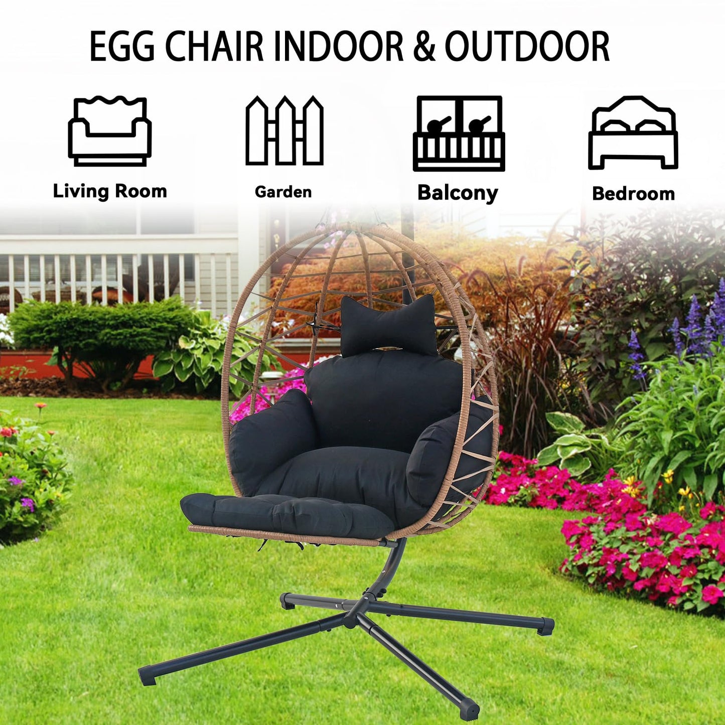 Hanging Egg Chair with Stand & Leg Rest,Rattan Wicker Swing Chair with Cushion, Patio Basket Hanging Chair Wicker Hammock Chair for Indoor Outdoor Bedroom Garden,300LBS (Yellow Rattan&Black Cushion)