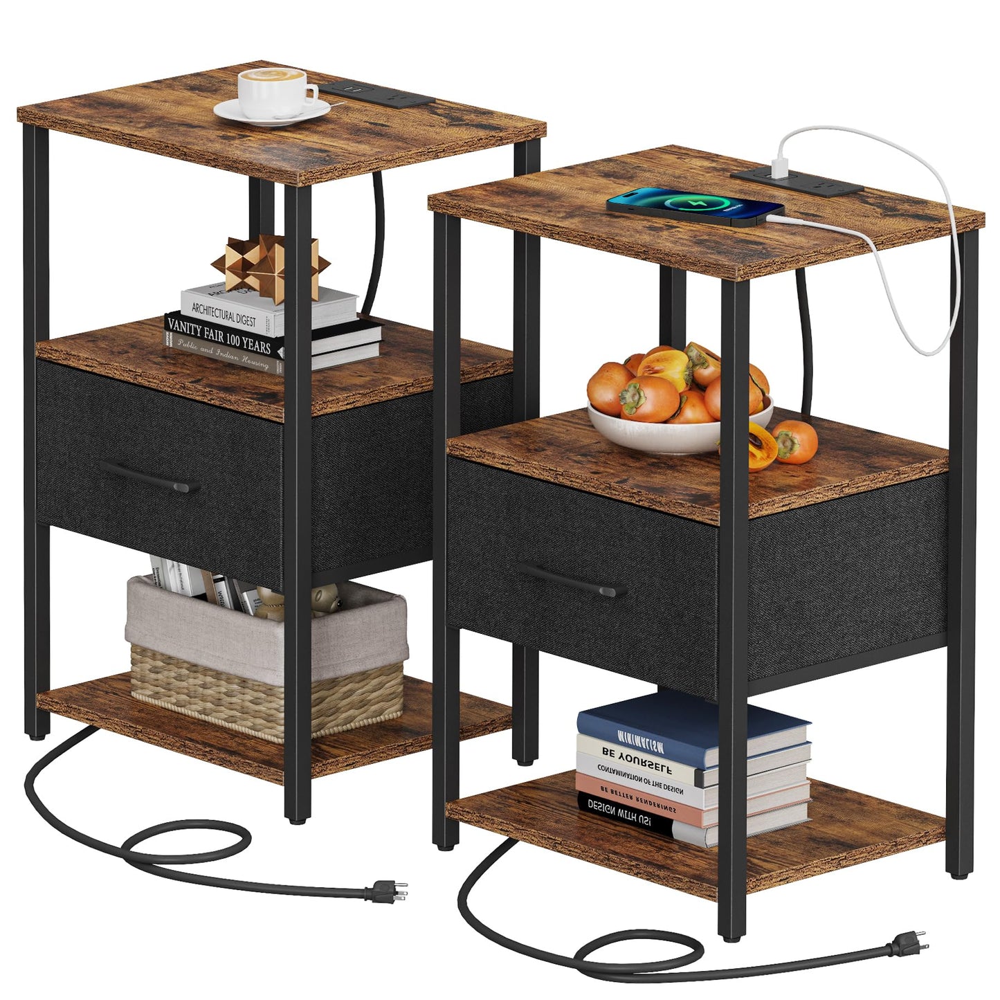 TUTOTAK End Table, Side Table with Charging Station, Nightstand Set of 2, Bedside Table with Fabric Drawer, Couch Table for Livingroom and Bedroom, Brown TB01BB0692