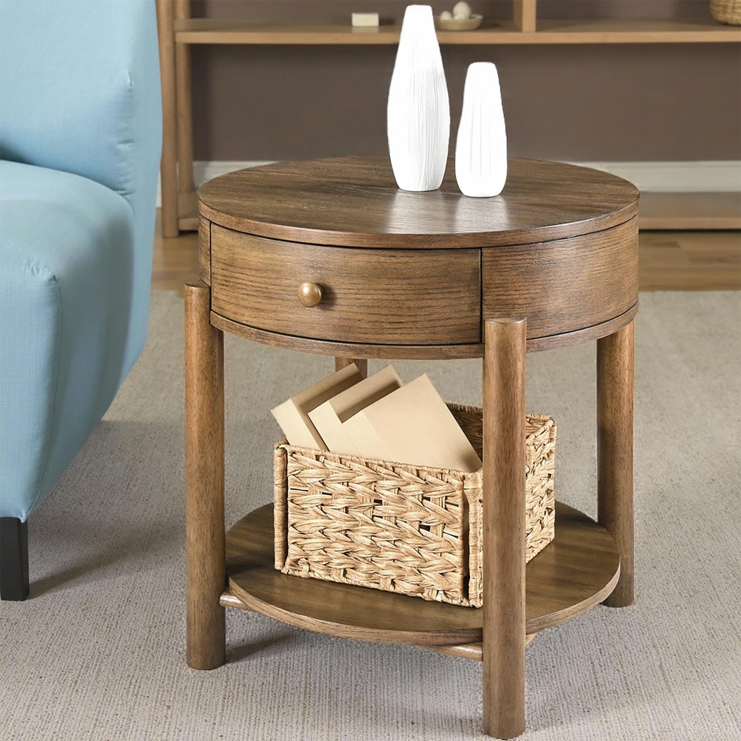 Solid Wood 2-Tier Round End Table with Drawer, 24" Small Sofa Side Table with Storage Oak Wood Accent Drink Table Modern Nightstand with Shelf for Living Room Bedroom Office, Brown